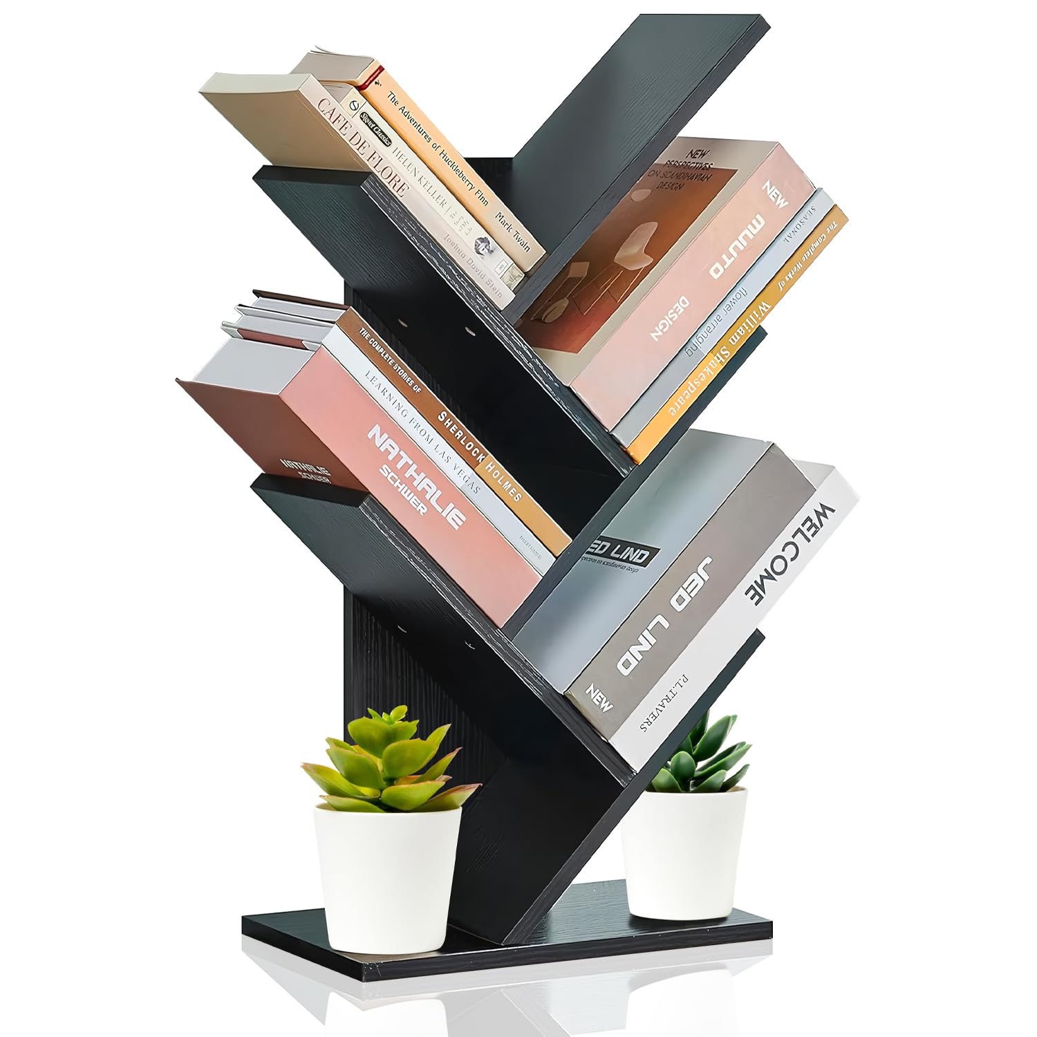 Tree Bookshelf, Bookcase Magazines Stand Desktop Book Display Storage Rack Free Standing Organizer for Books 5 Shelf for CDs and Books Files in Living Room Home Office Bedroom