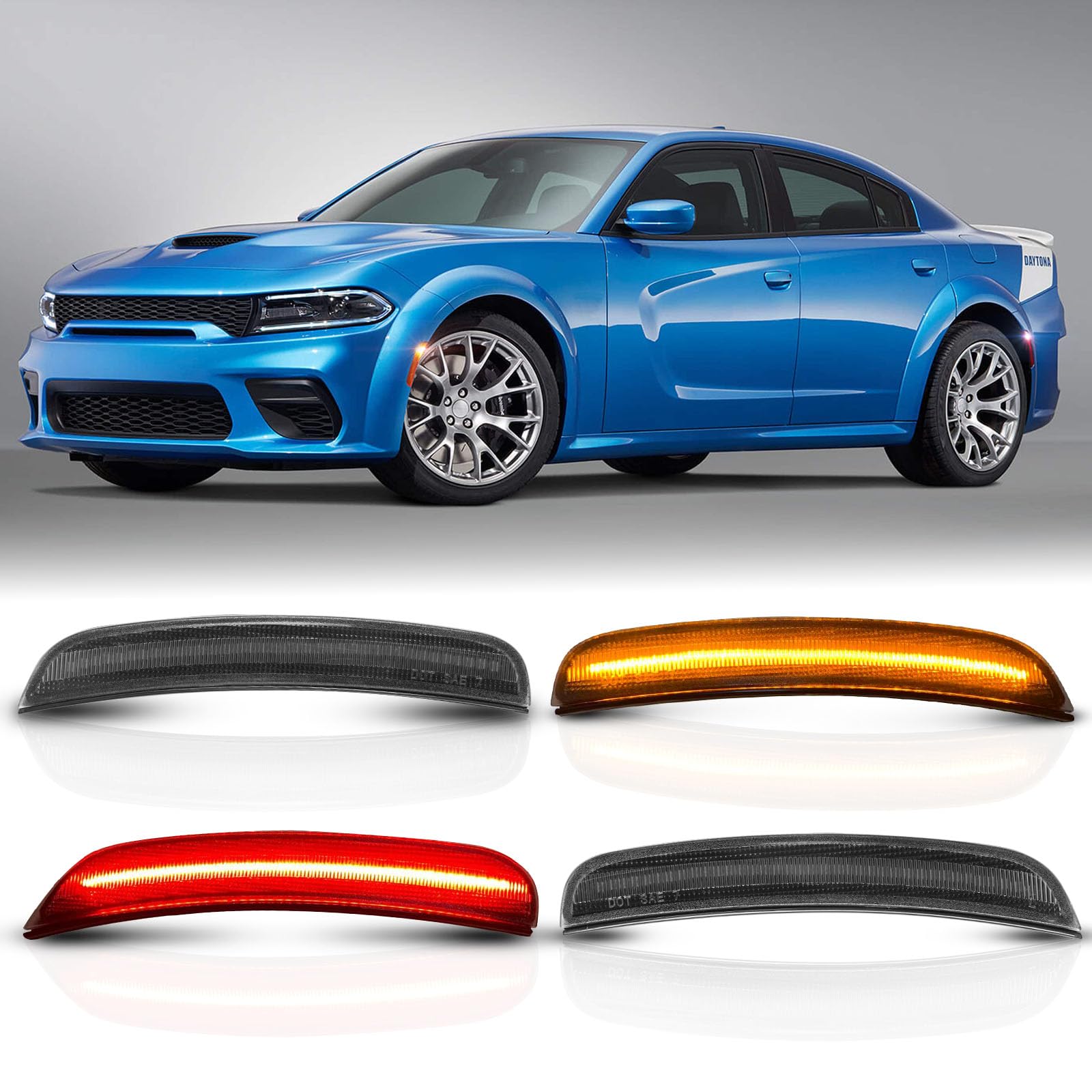 LDETXY LED Side Marker Lights Assembly for Charger 2015-2022, Smoke Black Front Amber Rear Red Bumper Reflectors Signal Lamps for Dodge Charger 2015-2022 Accessories (4PCS)