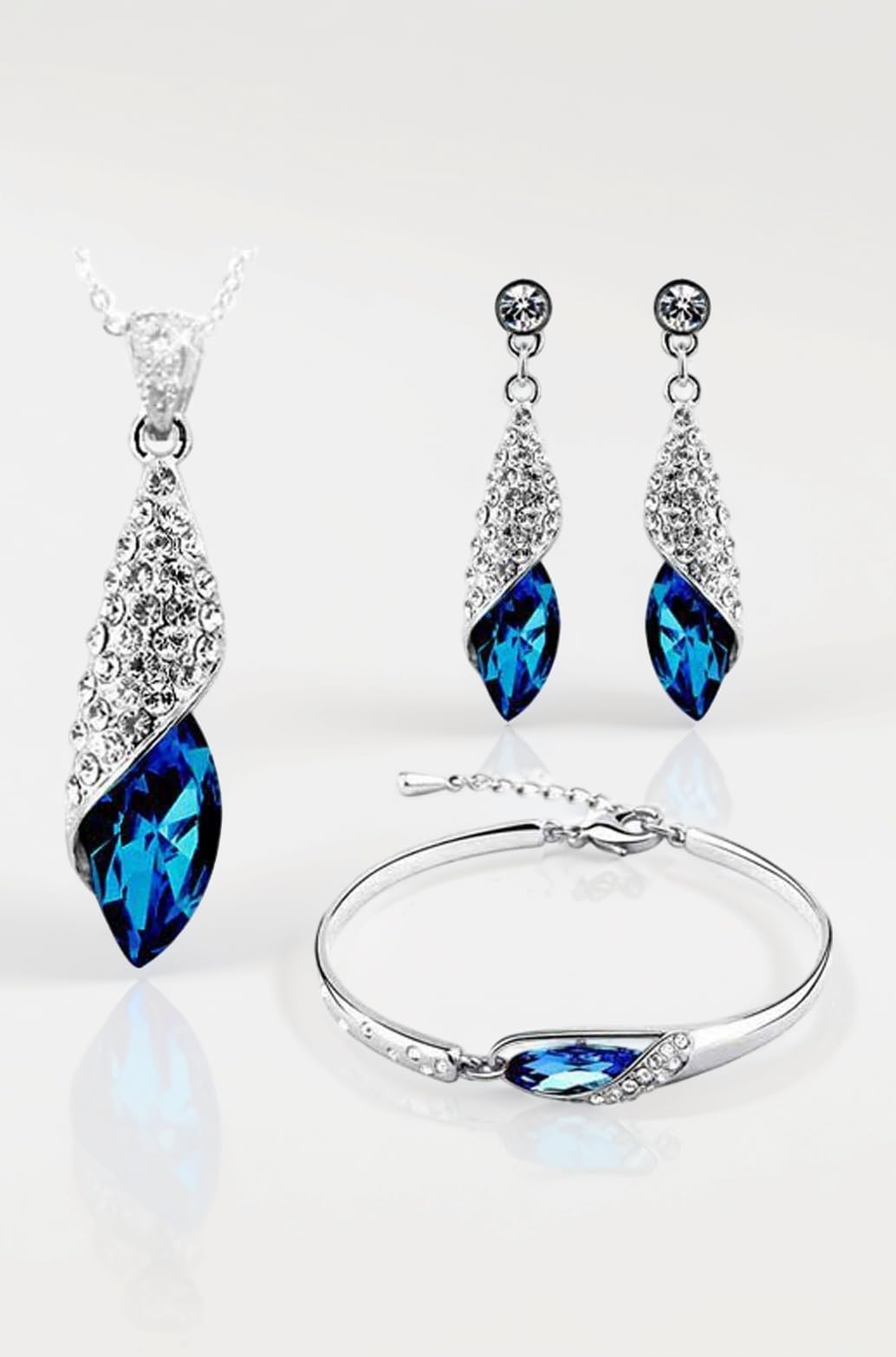 Valentine Gift for Girlfriend Wife Italian Designer Platinum Plated Stylish Crystal Jewellery Set for Women (Blue)