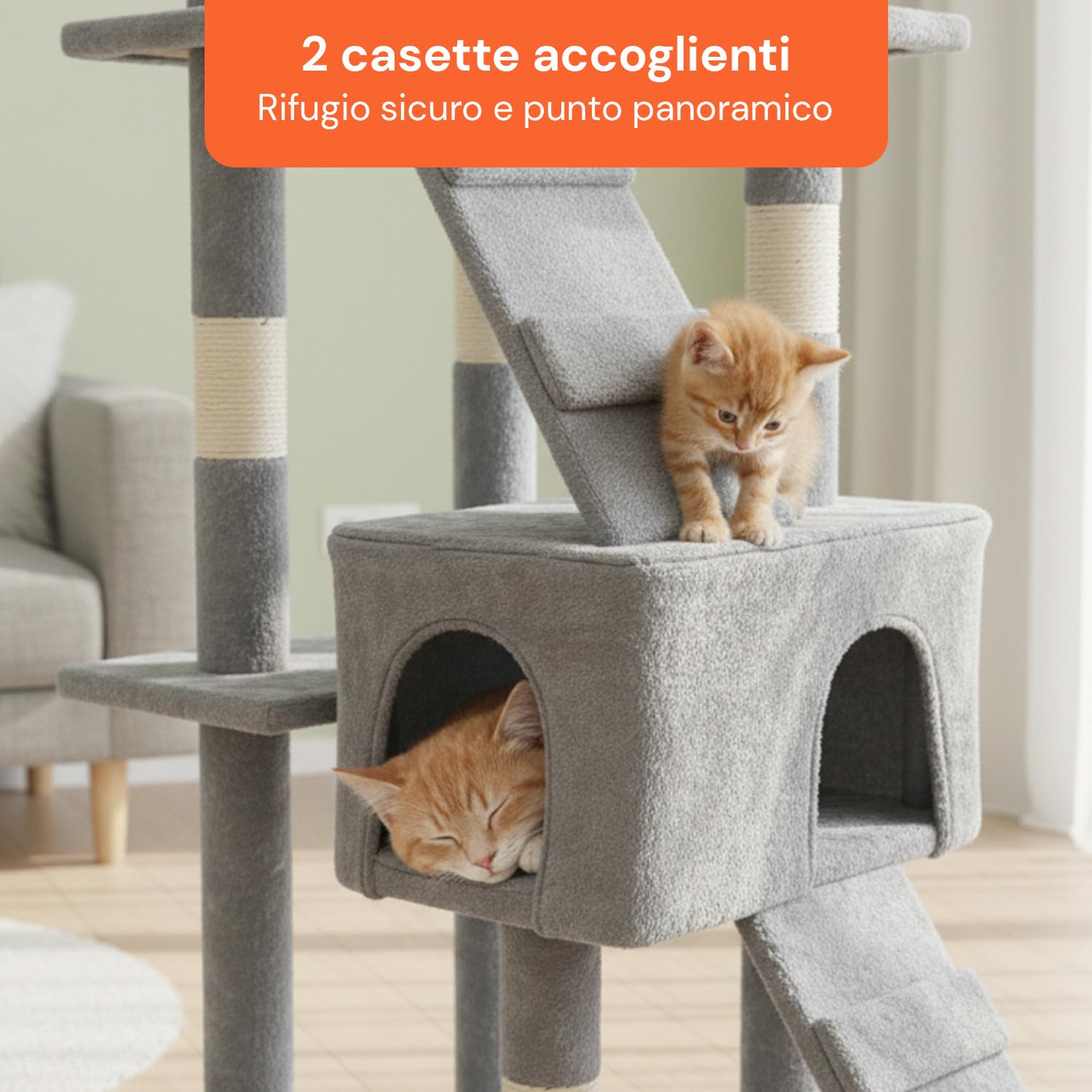Avilia - Tiragraffi XXL 170cm con Doppia Cuccia per Gatti Adulti, Albero Giochi in Sisal e Peluche, Piatteforme Relax, Ampio e Sicuro per il Massimo Divertimento dei Gatti (Grigio)