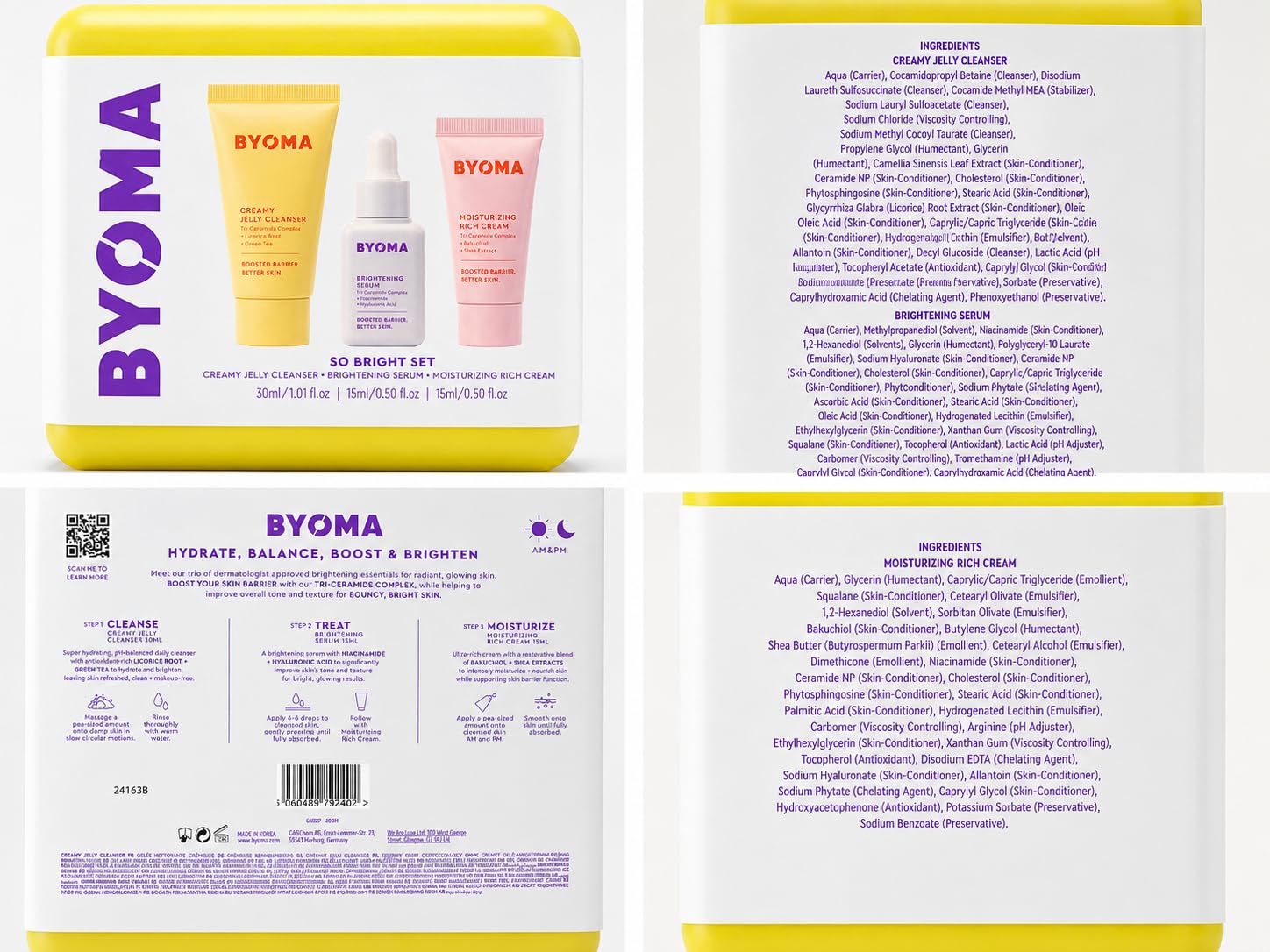 BYOMA ORIGINAL | SO BRIGHT SET | Estuche de tratamiento | Set de Cuidado de la Piel - So Bright - Tri-Ceramide COMPLEX - (30 ml + 15 ml + 15 ml) | VEGANO | by BELLA(Paquete de 3 unidades)