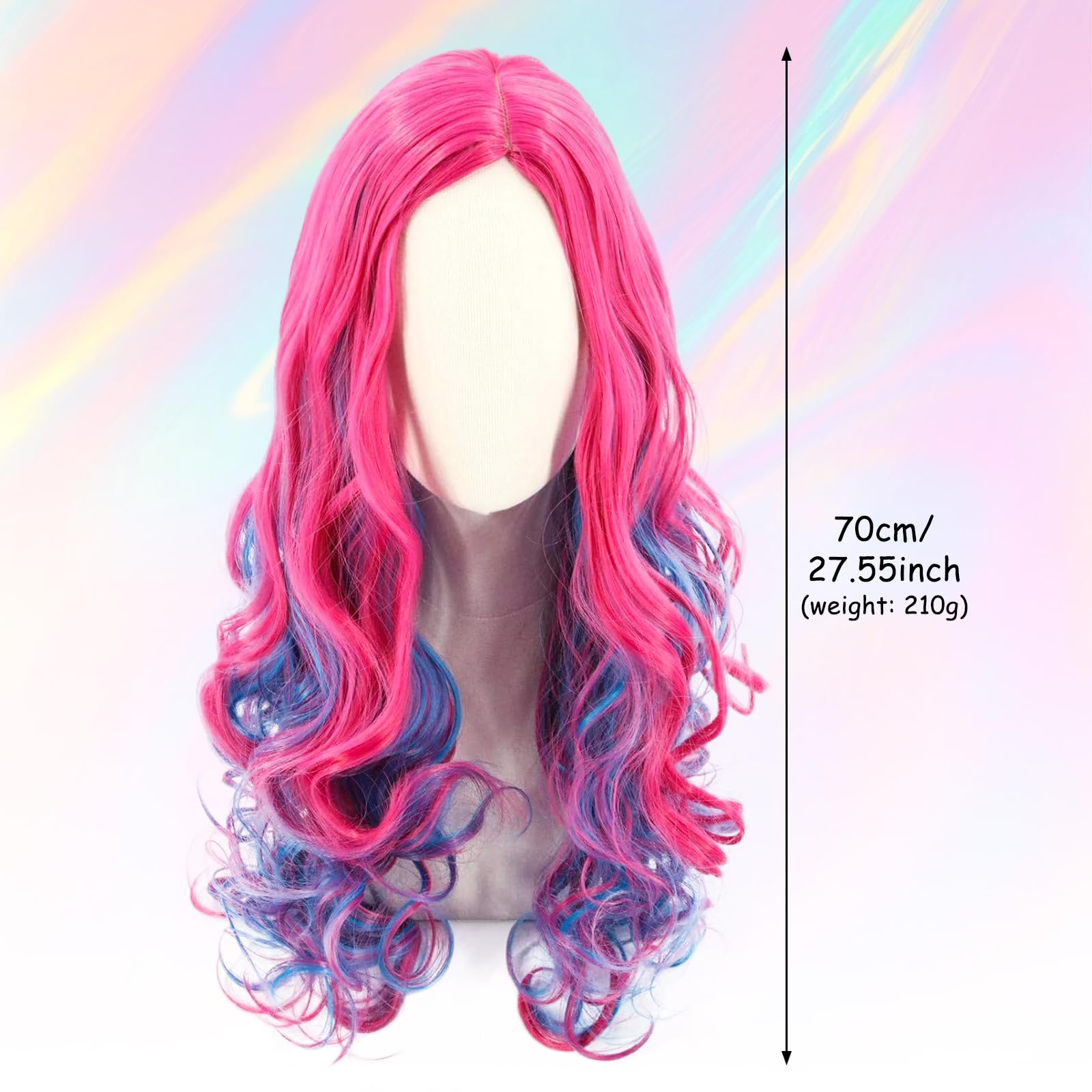 Rosa Lila Lang Lockige Perücke, Perücke für Kinder Mädchen, Rosa-Blau Cospaly Kostüm Perücken, Lila Ombre Prinzessin Perücken, für Cosplay, Karneval, Halloween Kostüm Party (70 cm)
