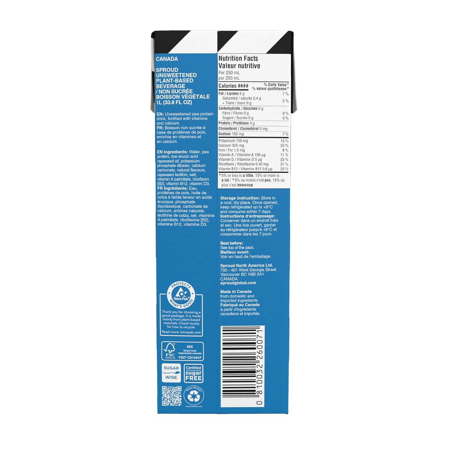 SPROUD Dairy Free Milk UNSWEETENED Flavor, Vegan Milk with Plant-Based Pea Protein, Shelf Stable Non-GMO, 1 Liter (Pack of 6)