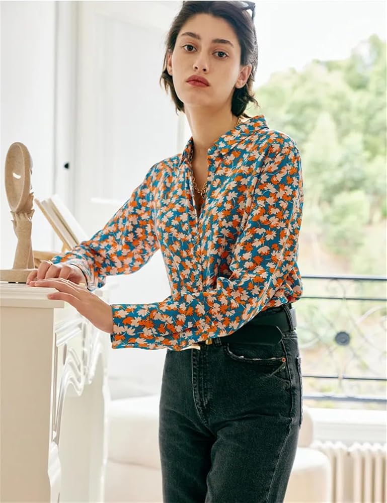 Woman 100% Silk Floral Shirts Crepe Long Sleeves French Style