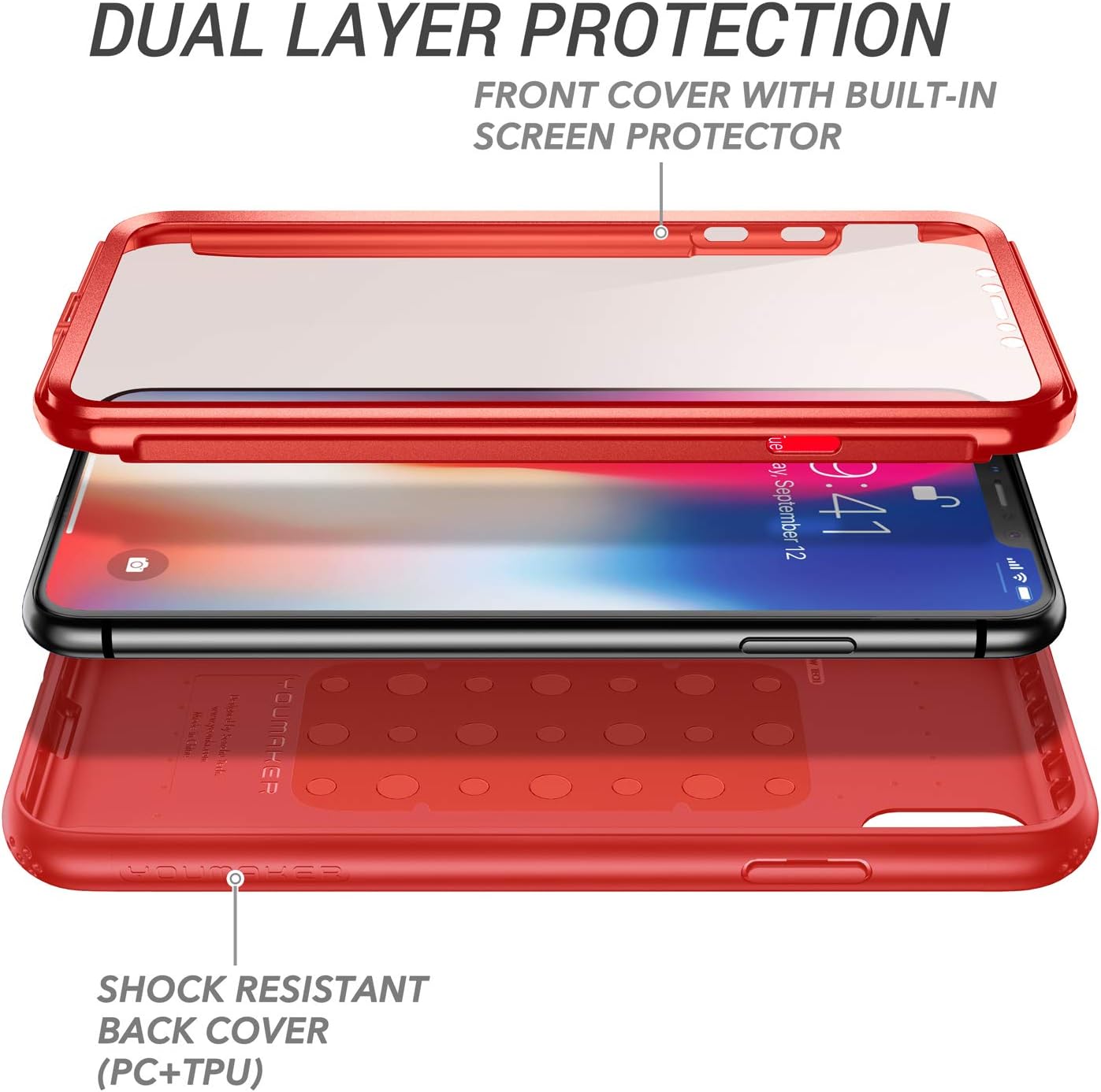 YOUMAKER Case for iPhone Xs & iPhone X, Full Body with Built-in Screen Protector Heavy Duty Protection Shockproof Slim Fit Cover for New Apple iPhone Xs & iPhone X 5.8 inch - Red