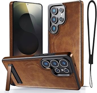 Magnetic Leather for Samsung Galaxy S25 Ultra Case Brown, Built-in Stand, Compatible with MagSafe, Silicone Strap, TPU Interior Protective, Shockproof Slim Cover