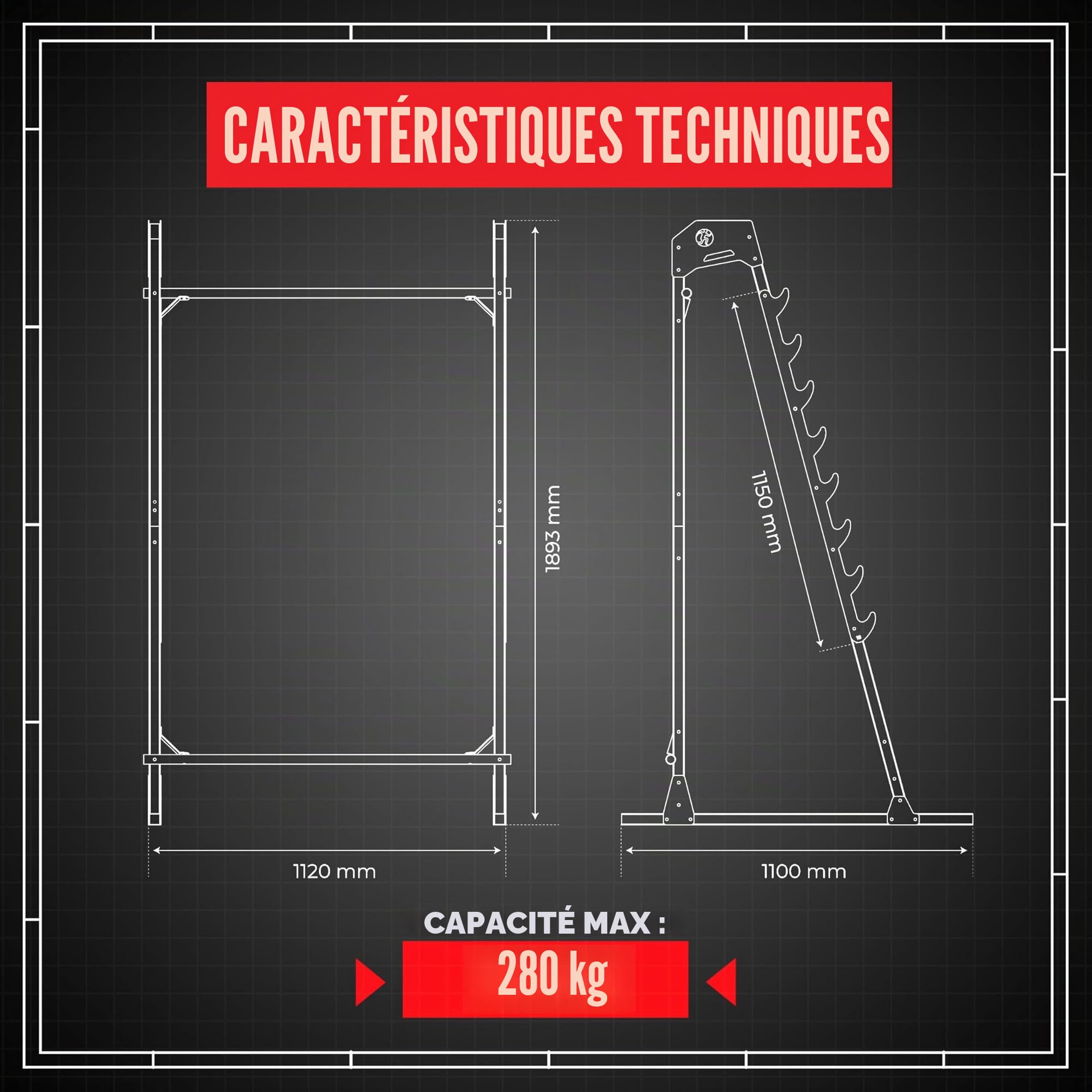 K-Sport: Porta bilanciere con dispositivo di sicurezza caricabile fino 280kg I Rack palestra per squat I Supporto bilanciere con barra di aggancio a 8 gradini I Rack bilanciere per squat, E-Book incl.