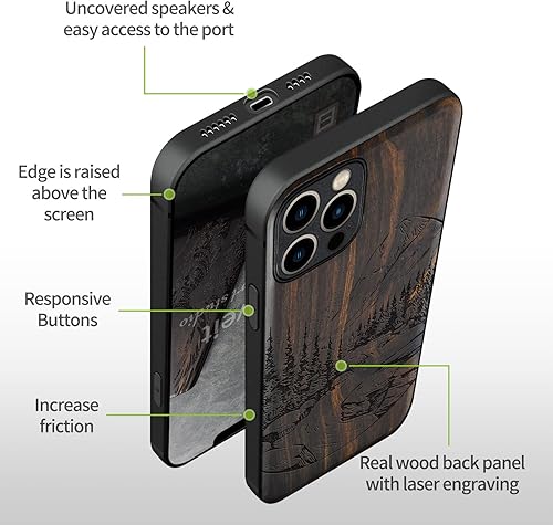 Miniatura 9 de Carveit Funda magnética de madera para iPhone 12 Pro madera natural y TPU suave negro a prueba de golpes, funda de madera única compatible con