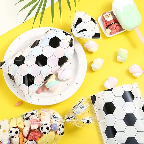 Miniatura 5 de Kesote Bolsas de celofán de fútbol, 100 piezas de bolsas de dulces de regalo de fútbol con lazos para fiesta de cumpleaños de fútbol