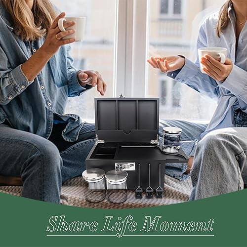 Miniatura 8 de lotmusic Caja de almacenamiento grande con bandeja extraíble deslizable, caja decorativa de bambú con 3 tarros de vidrio, cepillos de limpieza