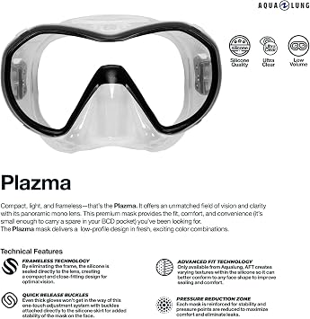 Aqualung Plazma Dive Mask - Lightweight Low-Volume Frameless Silicone Panoramic Underwater Diving Mask with Pressure Reduction Zones, Quick Fit Buckles & Advanced Fit Technology