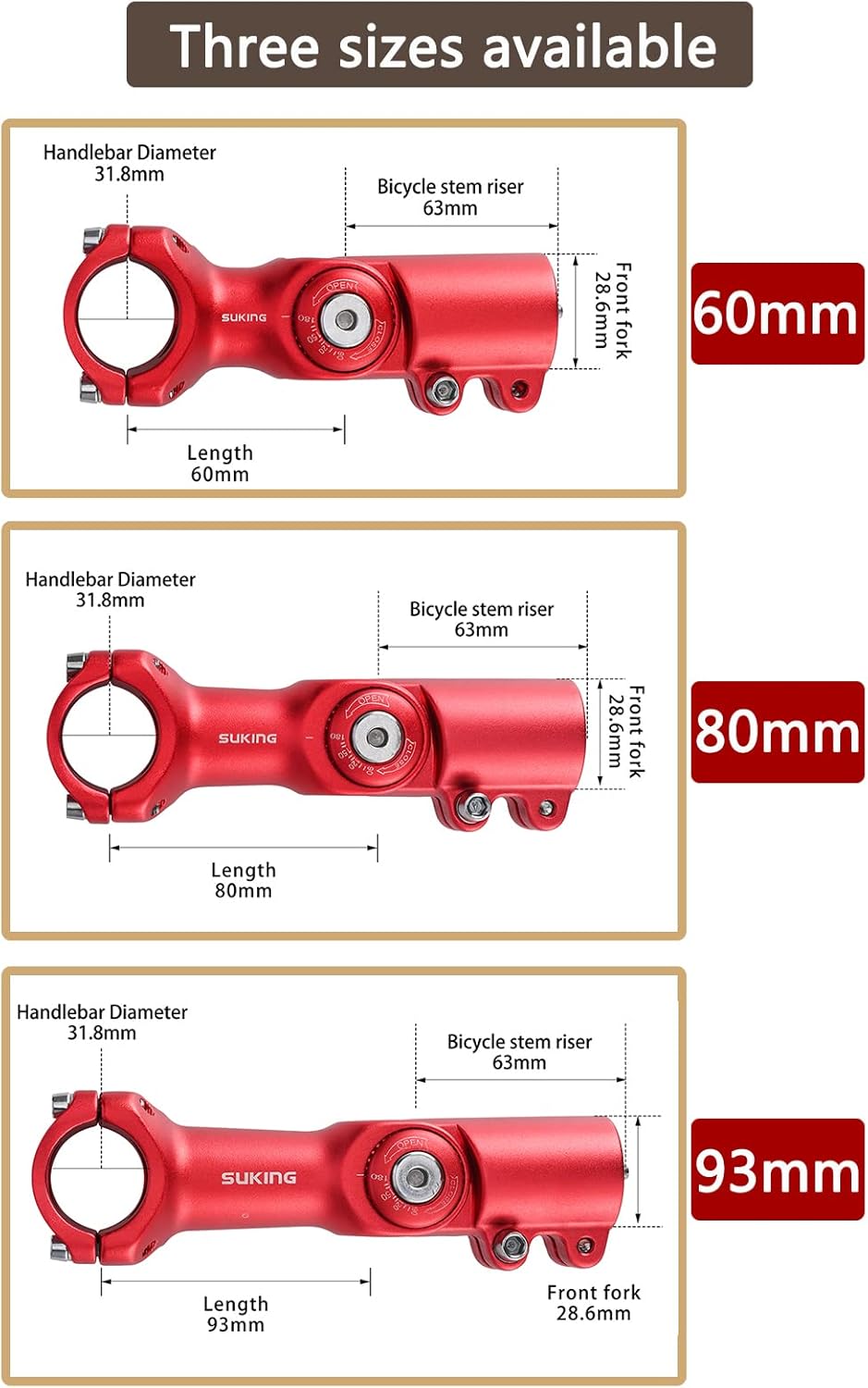 CYSKY Adjustable Bike Stem 25.4 31.8 Handlebar Adjustable 0-90 Degree 60/80/93/100mm, MTB Stem Handlebar Bike Stem Riser for Mountain Bike Road Bike City Cycling