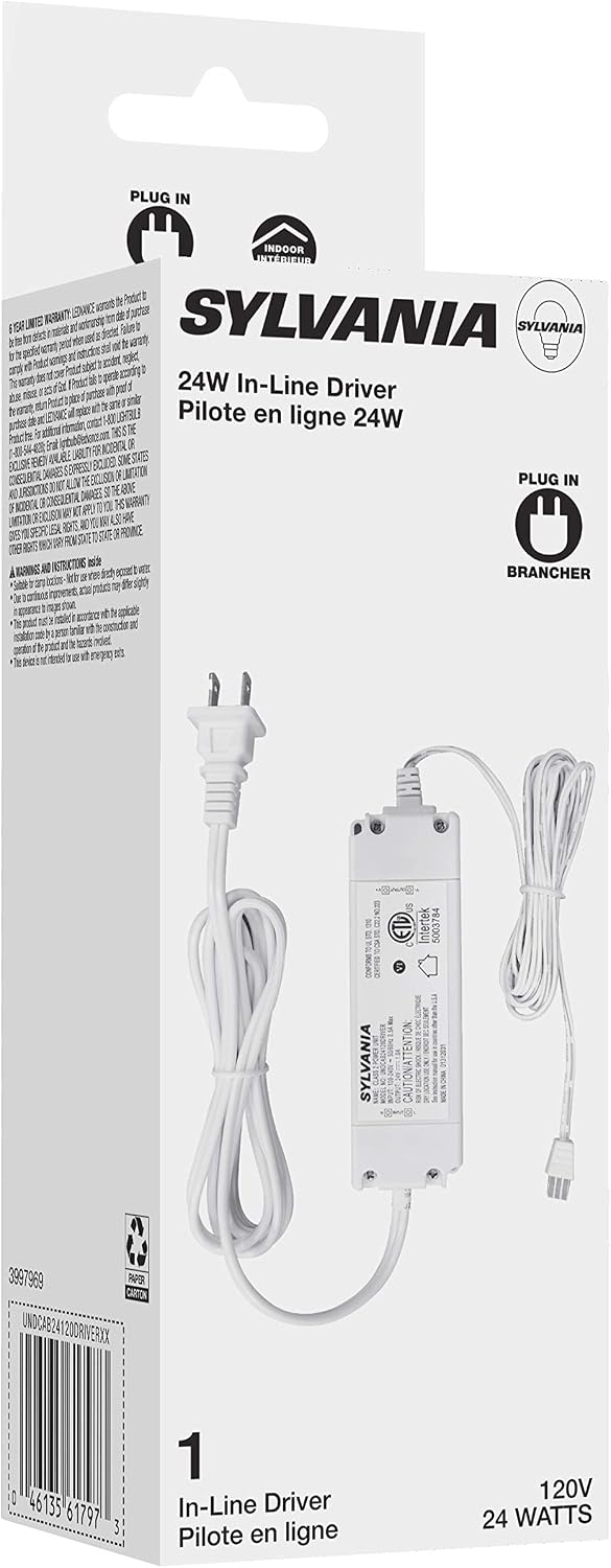 LEDVANCE Sylvania TruWave Natural Series AC100-120V, 24W in-Line Driver for Under Cabinet Light System - 1 Pack, White (61797)