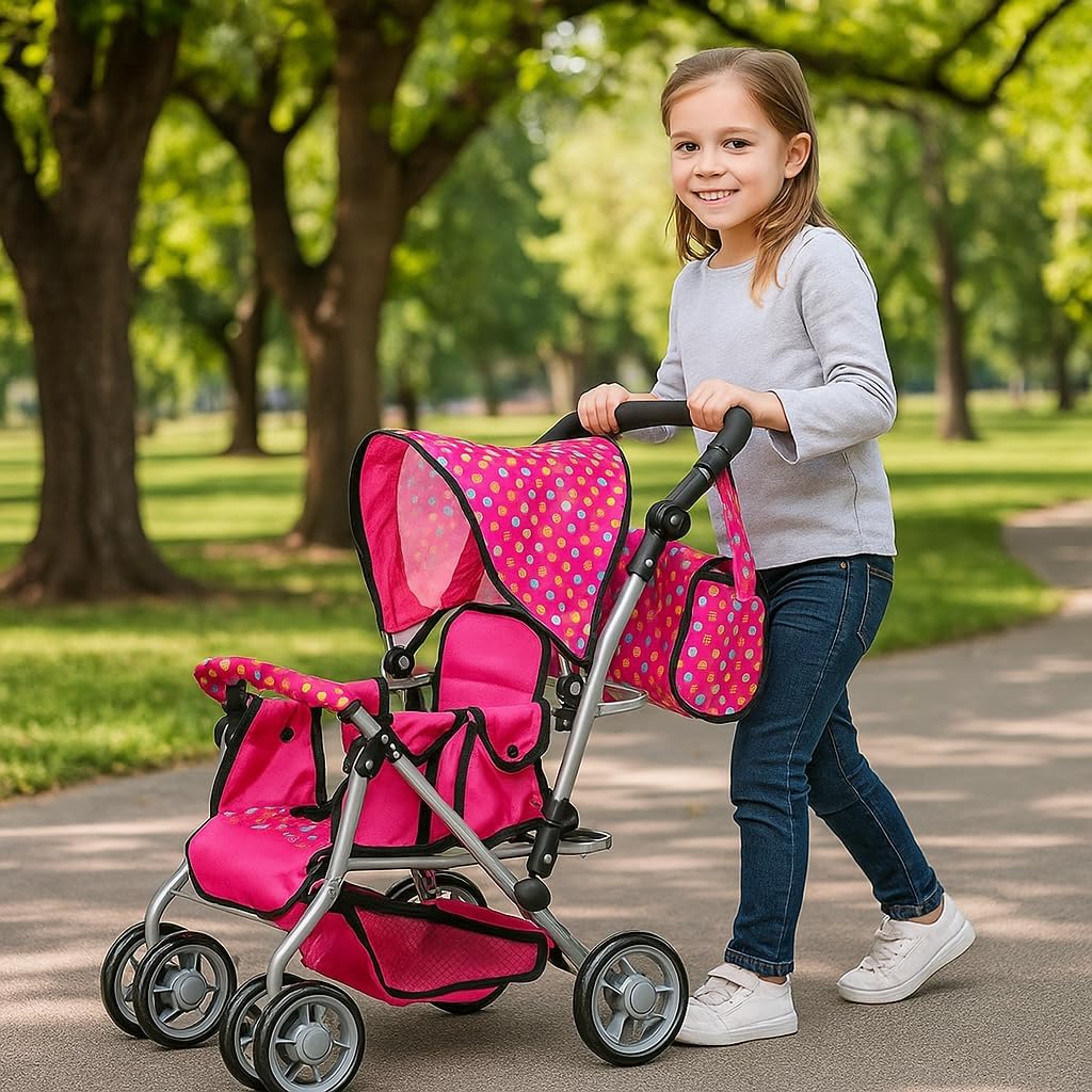 Exquisite Buggy, Twin Doll Stroller with Diaper Bag and Swivel Wheels & Adjustable Handle - Pink & Polka Dot Design