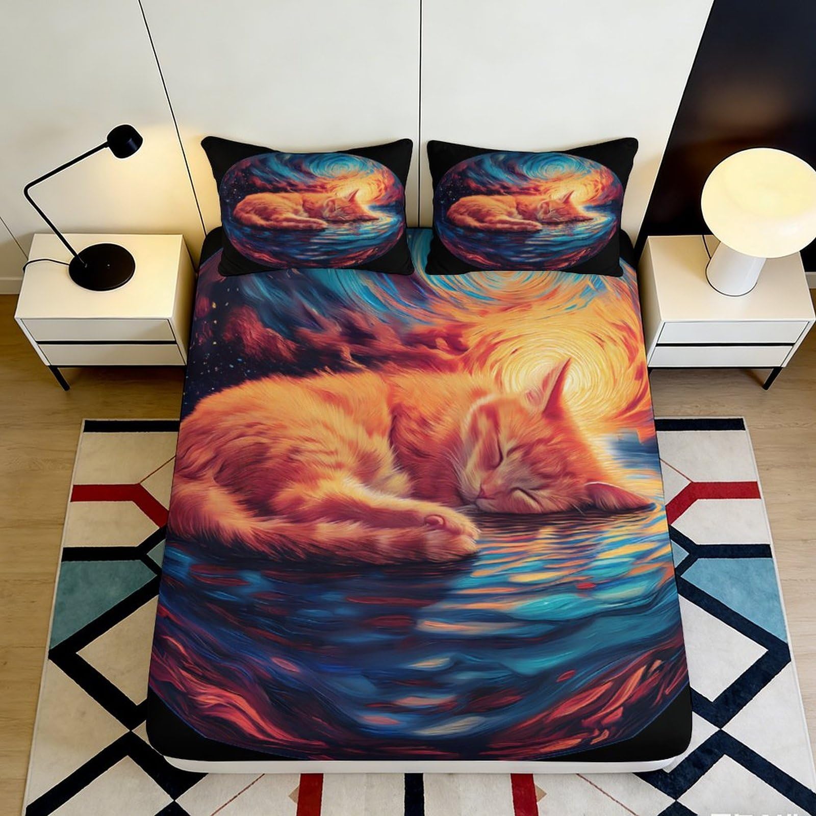 3D Printed Sleeping Cat Fitted Sheet Microfiber Soft Breathable Vibrant Sunset Bed Cover for Bedroom Dormitory Guest Room Mattress Protection 200x200x25cm