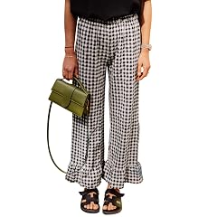 Womens Y2k Gingham Pants Ruffled Straight Leg Lounge Pants Elastic Waist Plaid Wide Leg Loose Trousers Streetwear