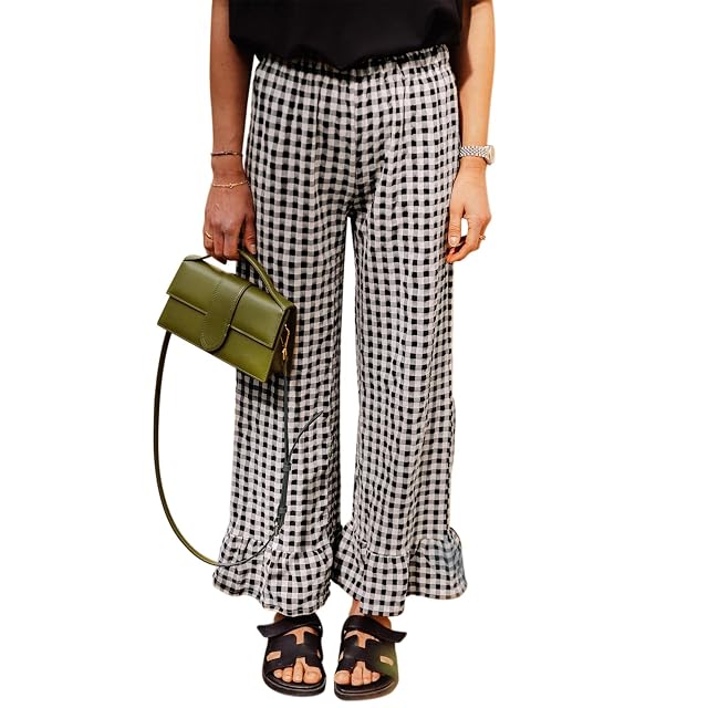 Womens Y2k Gingham Pants Ruffled Straight Leg Lounge Pants Elastic Waist Plaid Wide Leg Loose Trousers Streetwear