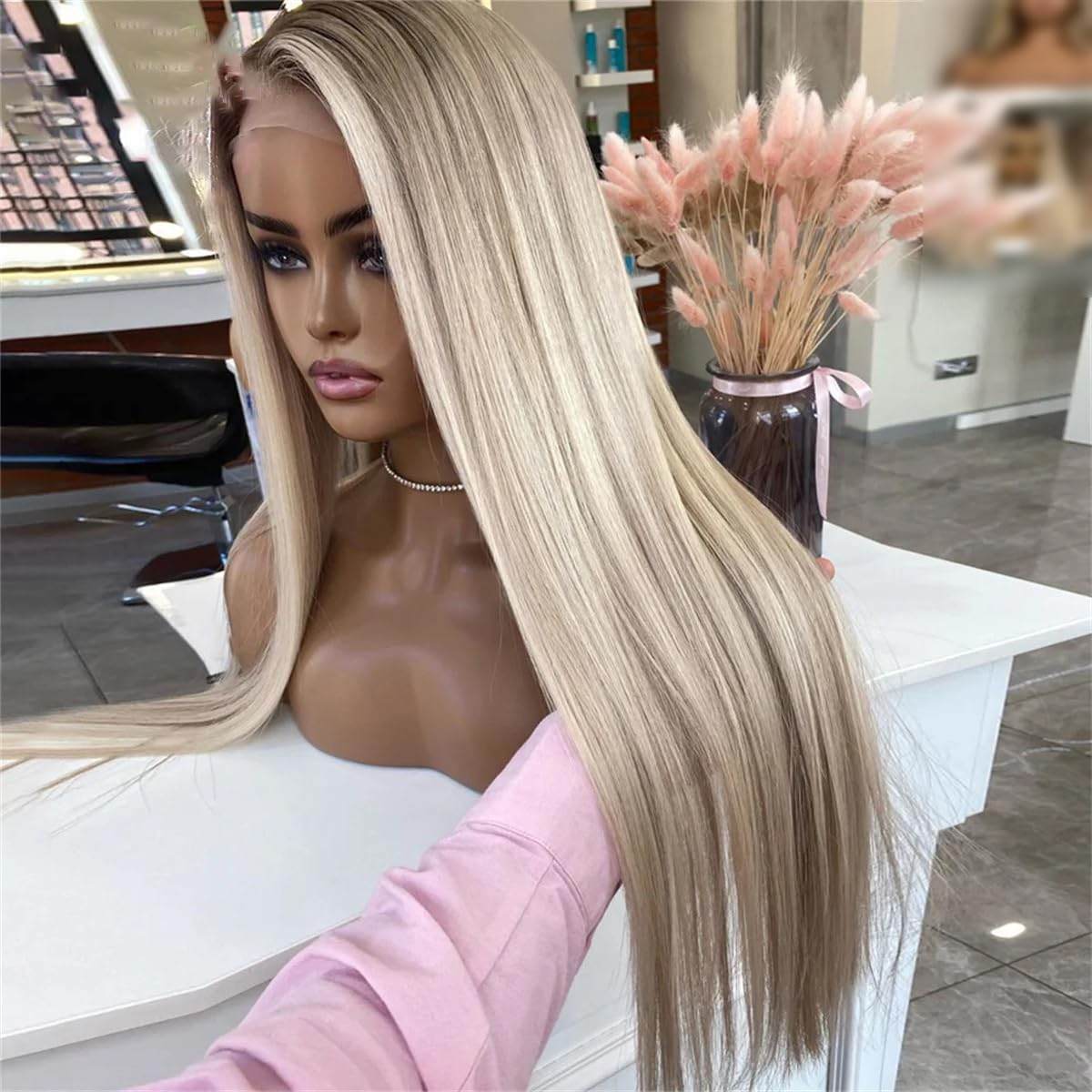 Kelsiop 30 Inch Ash Blonde High Gloss HD Lace Wig 13X6 Human Hair Lace Forehead Wig Straight 13X4 Lace Wig Women