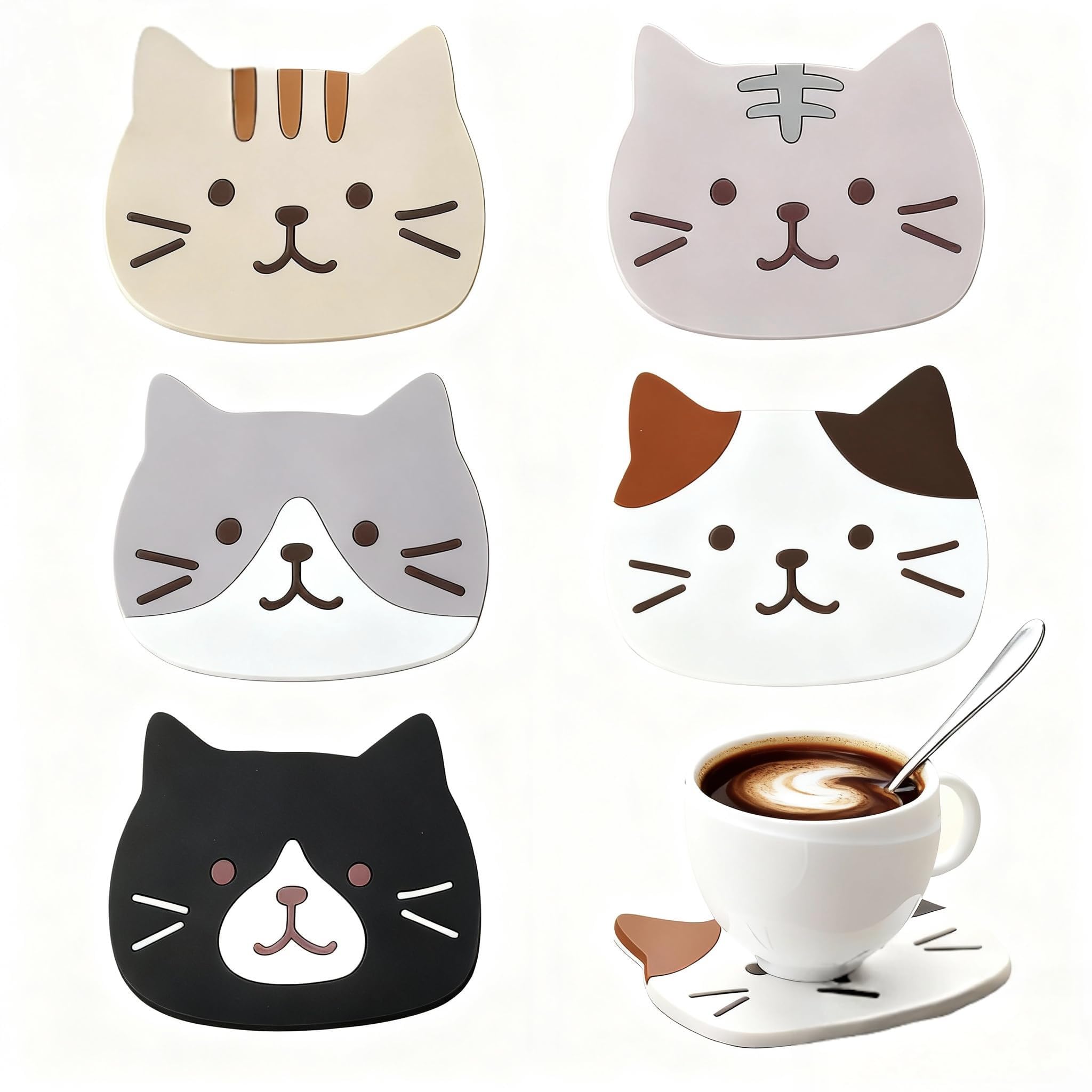 Aiyraa 5 PCS Cute Cat Coasters, Non-slip, PVC, Funny Cat-Shape Cup Mats, Practical Coffee Coaster for Home, Office, Coffee/Tea Shop, Gifts for Cat Lovers — image 1
