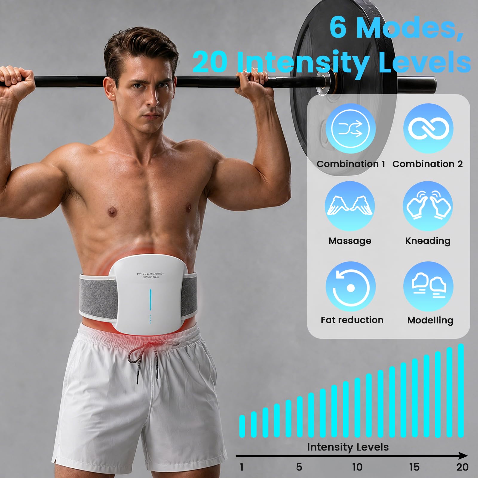 Elettrostimolatore Muscolare EMS, 3D Elettrostimolatore Addominali con 6 modalità 20 Livelli di Intensità, Stimolatore Muscolare con Riscaldamento A 3 Livelli, con Telecomando per Addominali