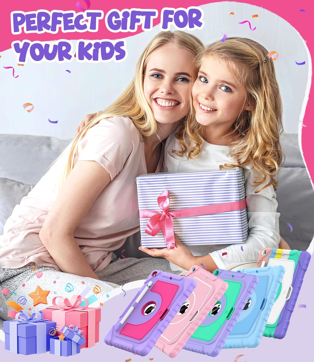 OKP Case for iPad 9th/ 8th/ 7th Generation 10.2 Inch (2021/2020/2019), Shockproof Rugged Heavy Duty i Pad 9 8 7 th Gen Protective 10.2'' Cover with Pencil Holder/Kickstand, Purple+Hot Pink