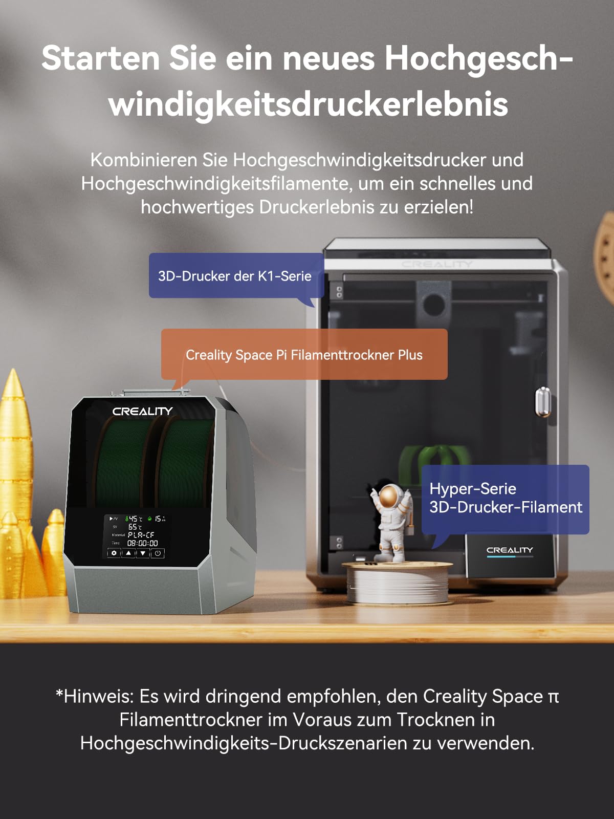 Creality Suszarka filamentowa Space PI Plus, pojemność 2 rolek z 48-godzinnym timerem, ekran dotykowy 3,7 cala, ogrzewanie PTC i cyrkulacja gorącego powietrza 360° dla PLA/ABS/TPU/PETG/ASA