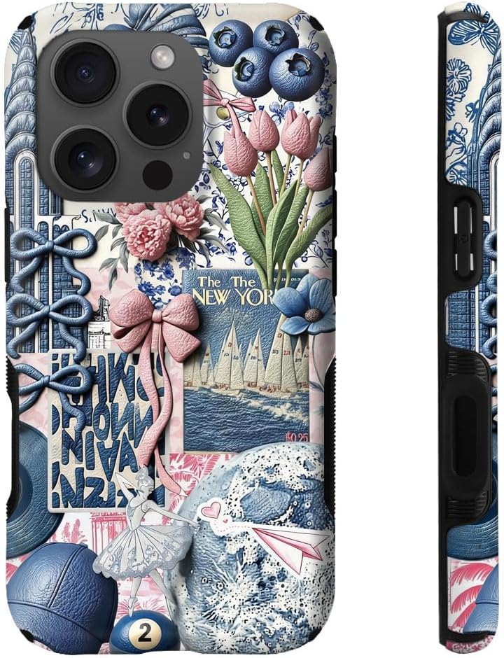 Case for iPhone 16 Pro Max,Tulip New York Coquette Bow Floral Collage Phone Case,Trendy Magsafe Silicone Shockproof Cover for Girl Women