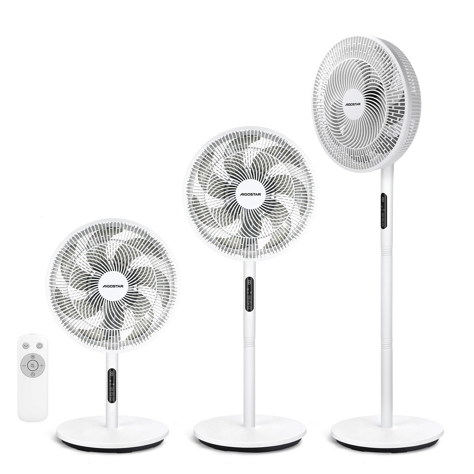Aigostar Ventilatore a Piantana Silenzioso con Motore DC, 30dB, 9 Velocità e 3 Altezze Regolabili, Telecomando, Timer 9H, 7 Pale Aerodinamiche, Ideale per Camera da Letto e Ufficio, 30W, Bianco