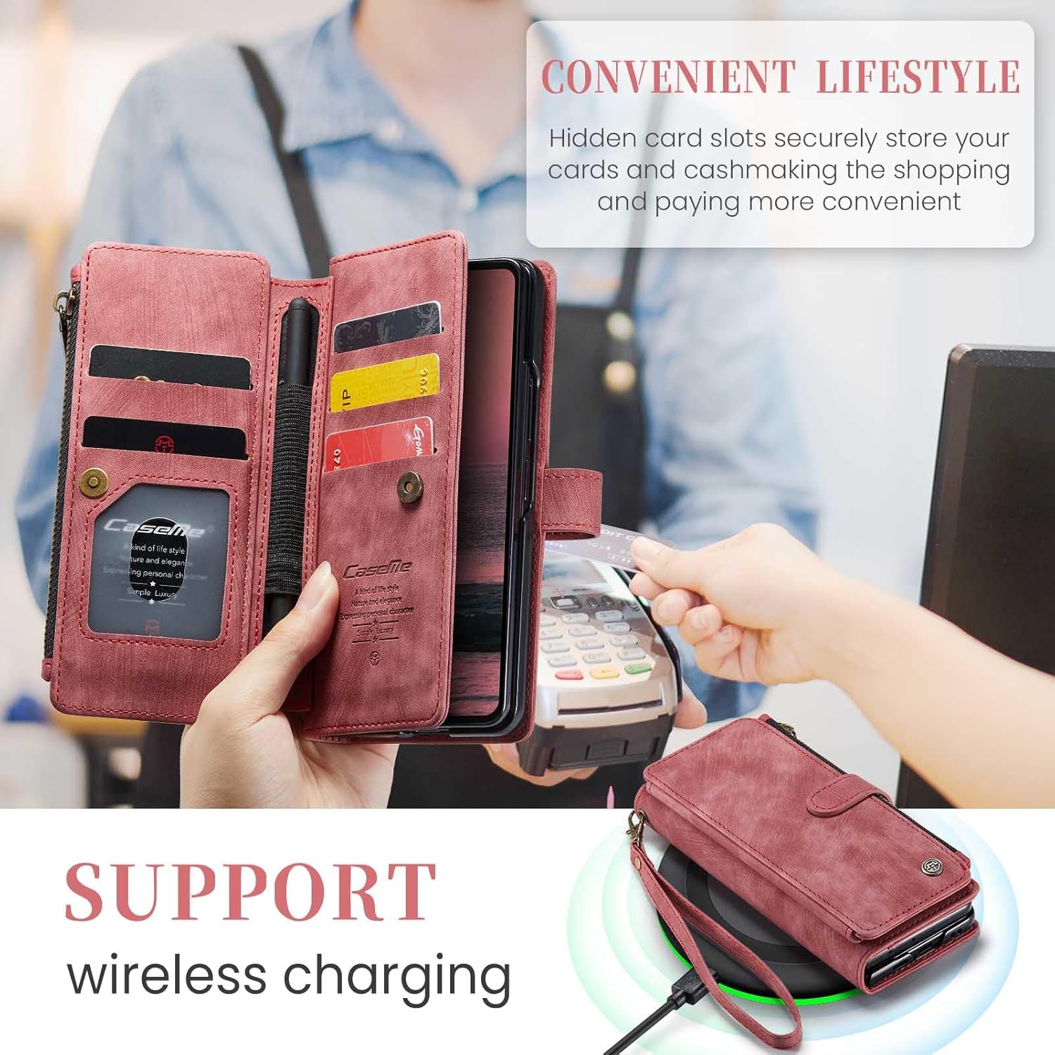 UEEBAI Wallet Case for Samsung Galaxy Z Fold 6 5G, Premium Handmade PU Leather Phone Case Card Slots Cover Magnetic Closure Zipper Pocket Kickstand Flip Case with Hand Strap - Vintage Red