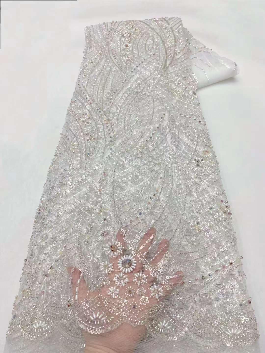 Heavy Beaded Lace Fabric with Beads Rice Pearls Tulle Net Sequins，African Lace Fabric Clothing Premuim Textile,5Yards Cutting for Sewing Woman Apparel Wedding Bridal Party Dress(Burnt Orange)