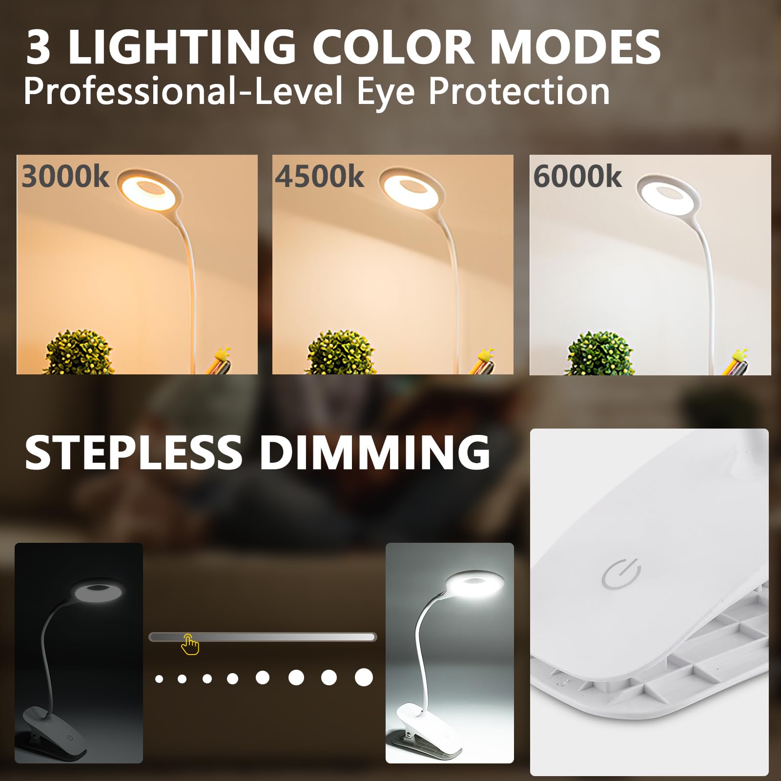 ALLOMN Clip On Reading Light, Eye-Care Touch Desk Clamp Lamp with 3 Color Temperature Brightness Adjustable - Image 3