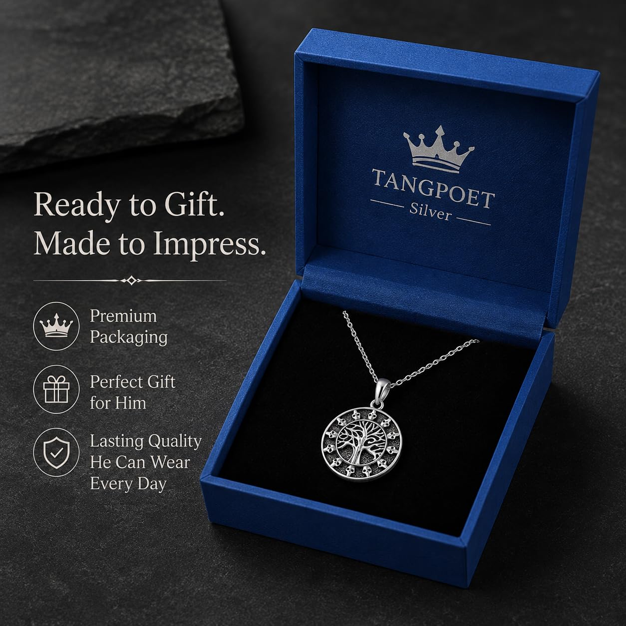 TANGPOET Wikinger Halskette für Herren 925 Sterling Silber Vintage Schwarz Anhänger Viking Necklace Halloween Gotik Schmuck Geschenke für Männer Frauen Familie Freunde