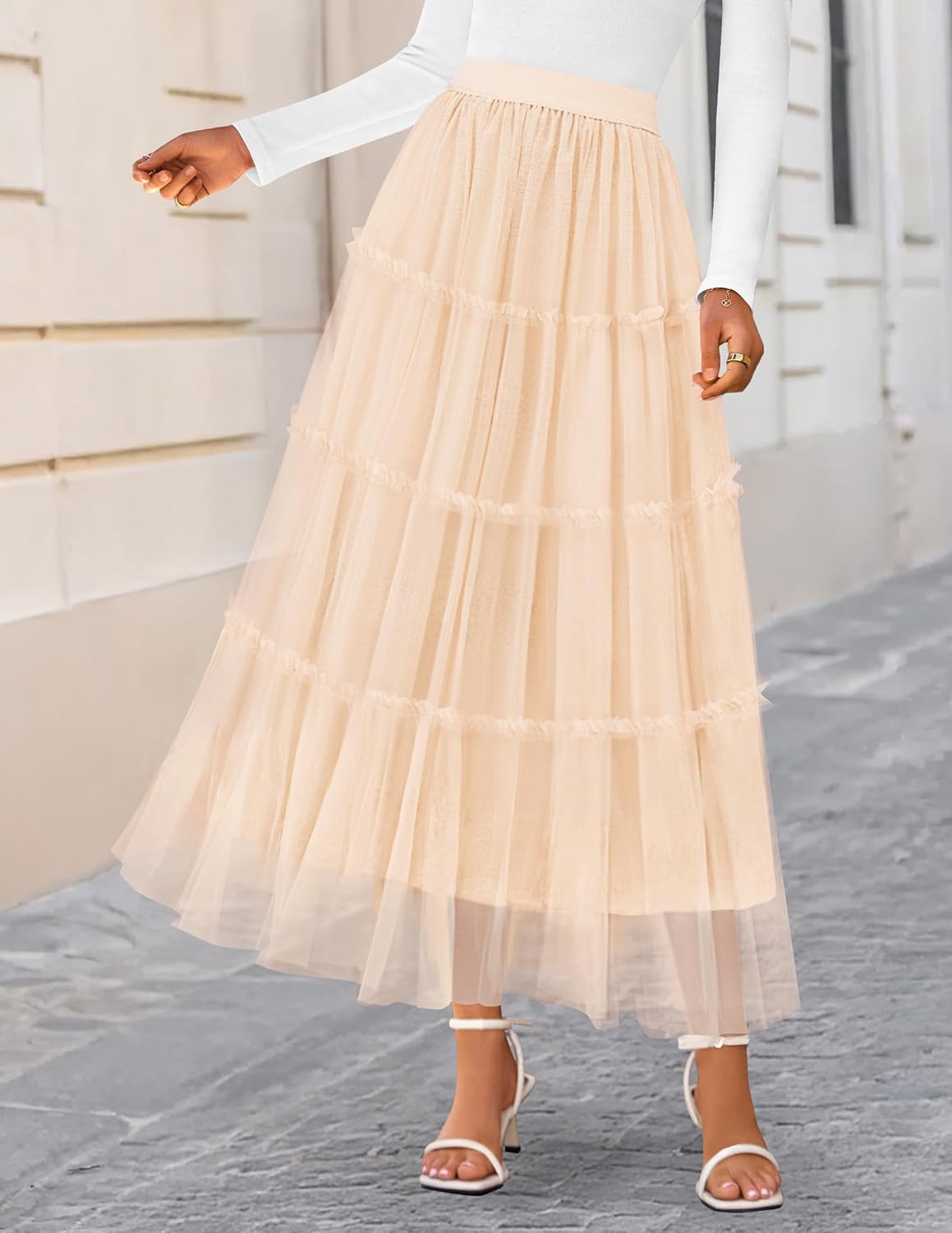 ZESICA Women's Tulle Maxi Skirt A-Line Flowy Ruffle Tiered Elastic High Waist 2026 Fall Trendy Midi Long Skirts - Image 2