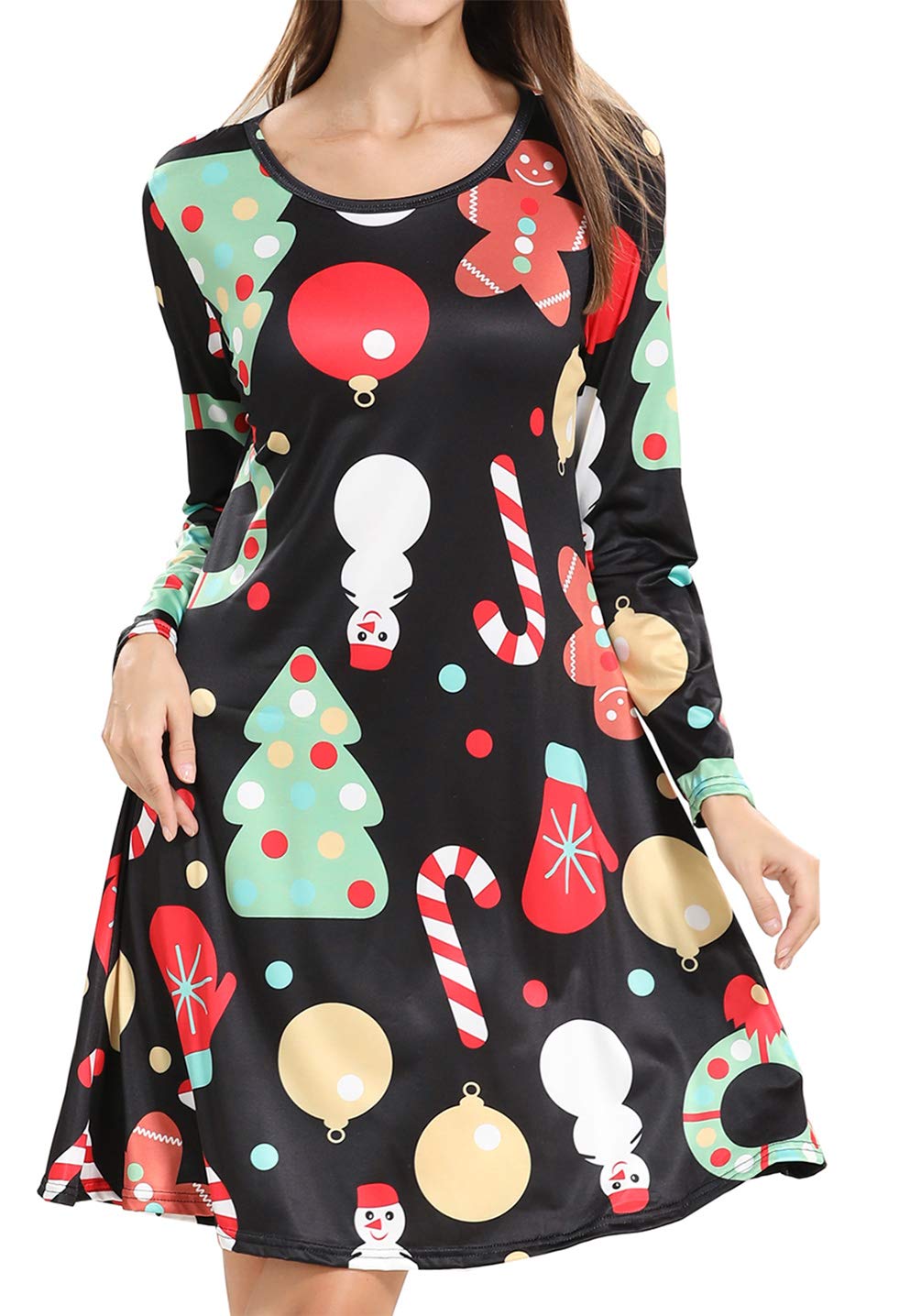 lymanchi Women Ugly Christmas Print Dress Long Sleeve Swing A-Line Casual Tunic 139 L