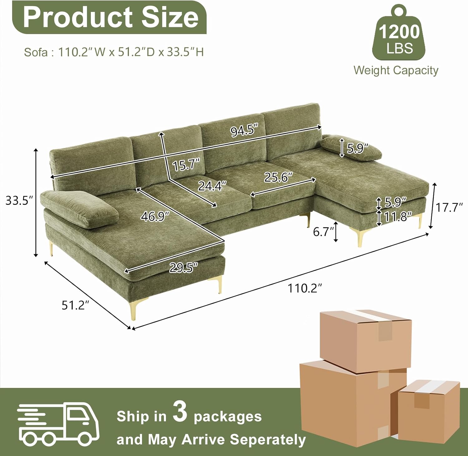 VINGLI 110" Sectional Couches for Living Room,U Shape Couch with Double Chaise, 4-Seat Sofa Set with Chenille Fabric for Home Furniture,Olive Green