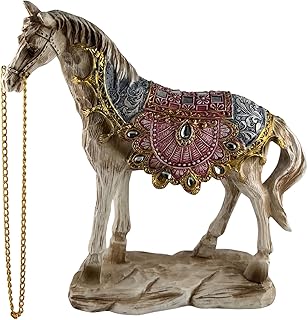 Ornate Horse Figurine — Antique White Decorative Tabletop Statue with Gold Chain & Embellished Saddle — Home Décor Accent (8.5 x 2.5 x 8.5 in)