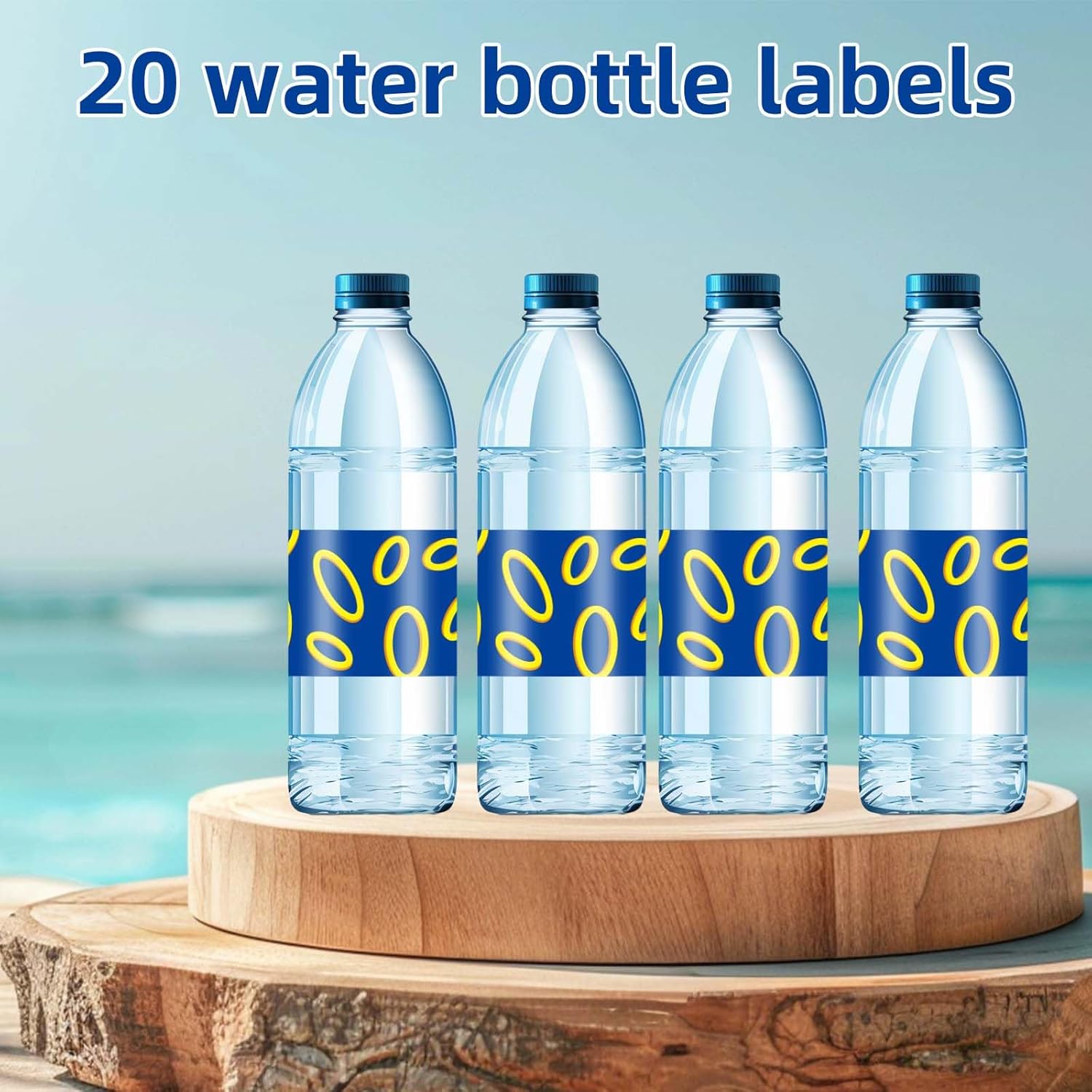 SAVITA 20pcs Blue with Gold Ring Print Water Bottle Label, Cartoon Theme Bottle Stickers with Gold Circle for Kids Birthday Party Supplies Favors Decorations