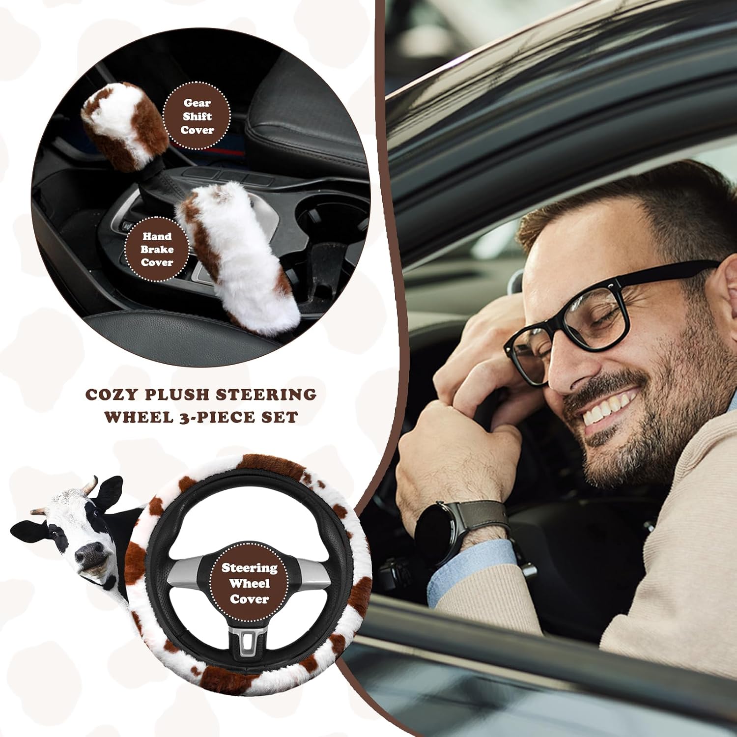 3PCS Cow Print Steering Wheel Cover Plush, Auto Cute Furry Cows Pattern Hand Brake & Shift Gear Covers Universal Soft Warm Car Interior Accessories for Women Men (Brown Cow Print, 15 inch)