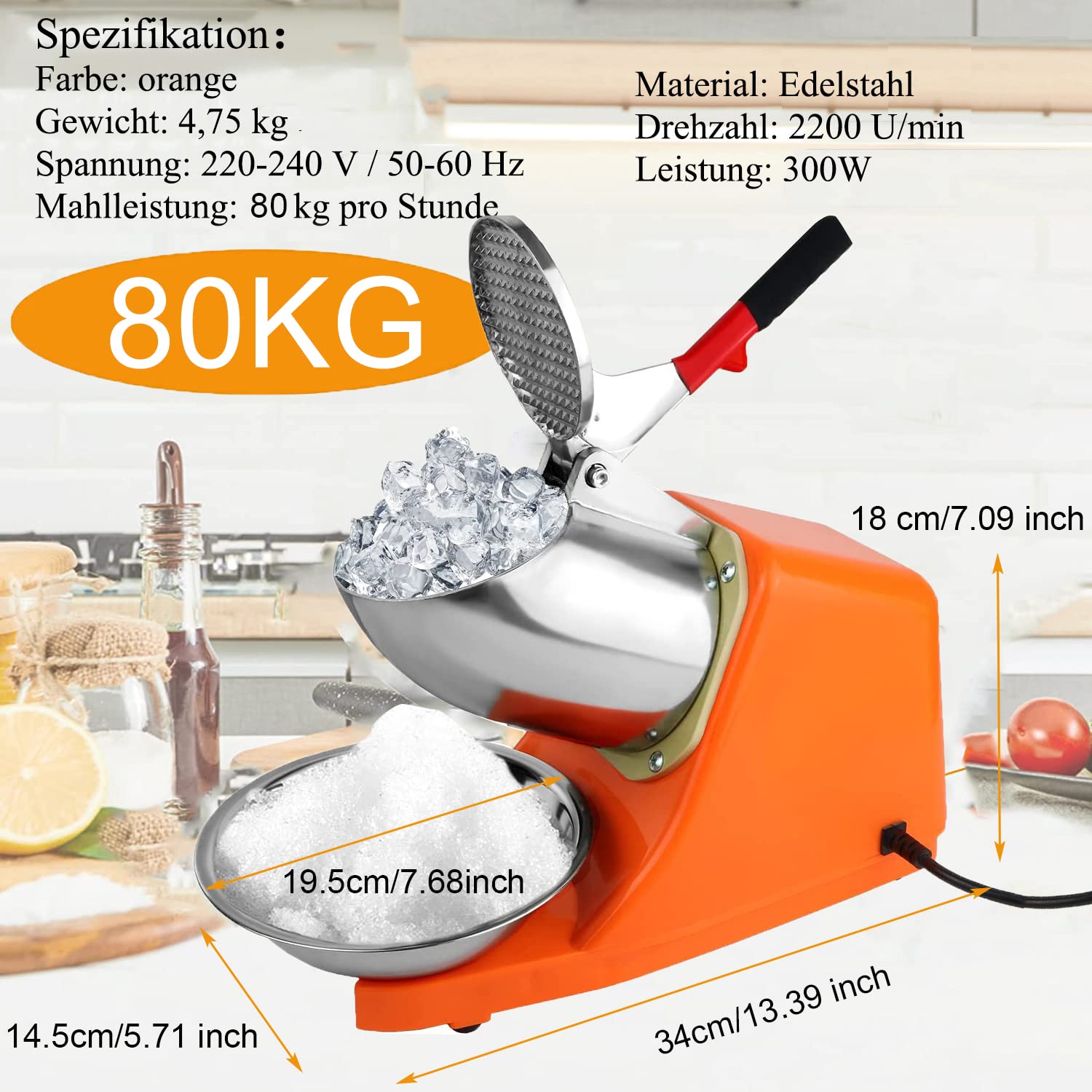 Picadora de hielo eléctrica, 300 W, 65 kg/h, doble cuchilla, picadora de hielo, batidora de hielo, máquina para restaurantes, bares, fiestas (naranja)