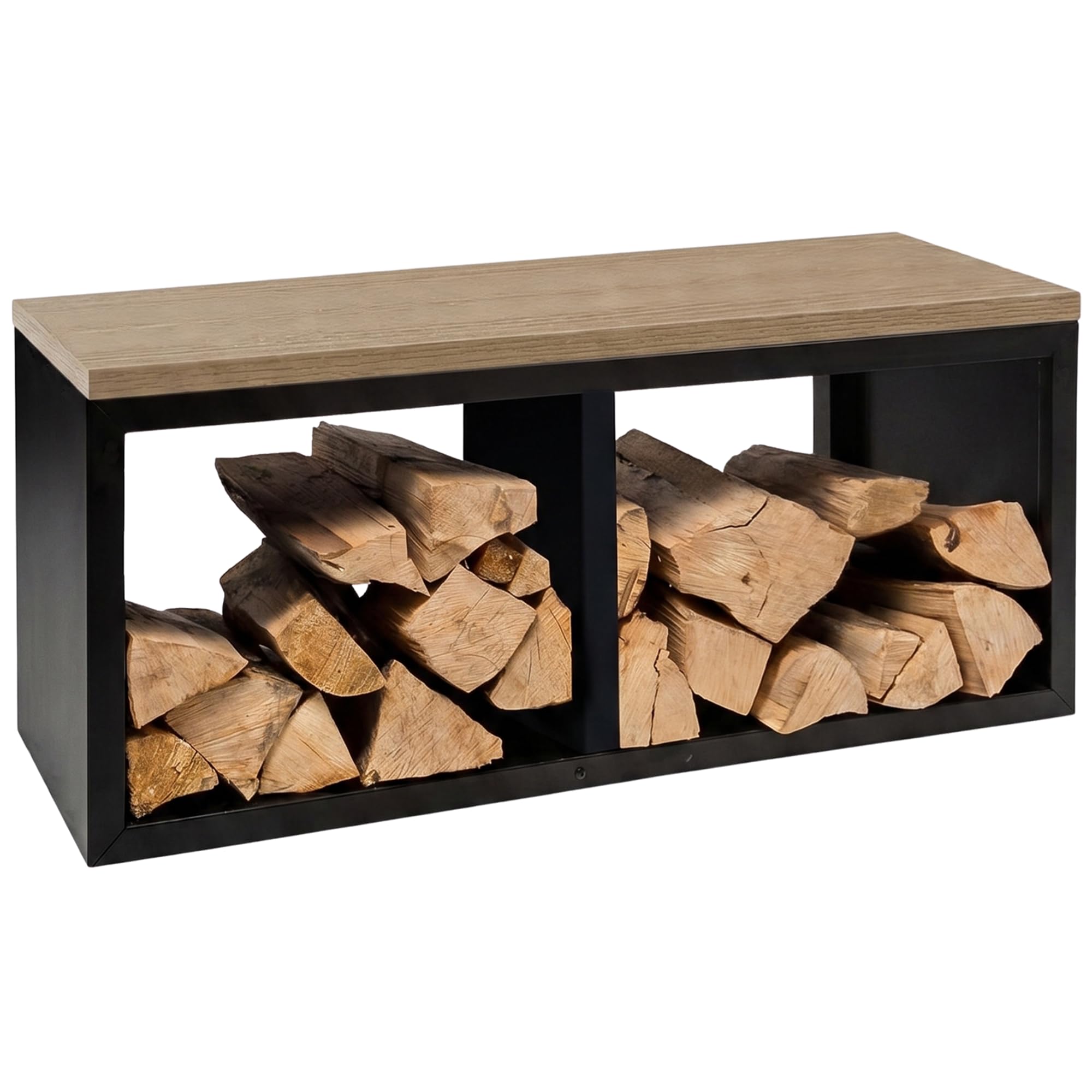 osoltus Brennholzregal Brennholzlager mit Bank 102cm x 35cm x 40cm indoor & outdoor Metall schwarz // holzoptik hochwertig | 2 Fächer