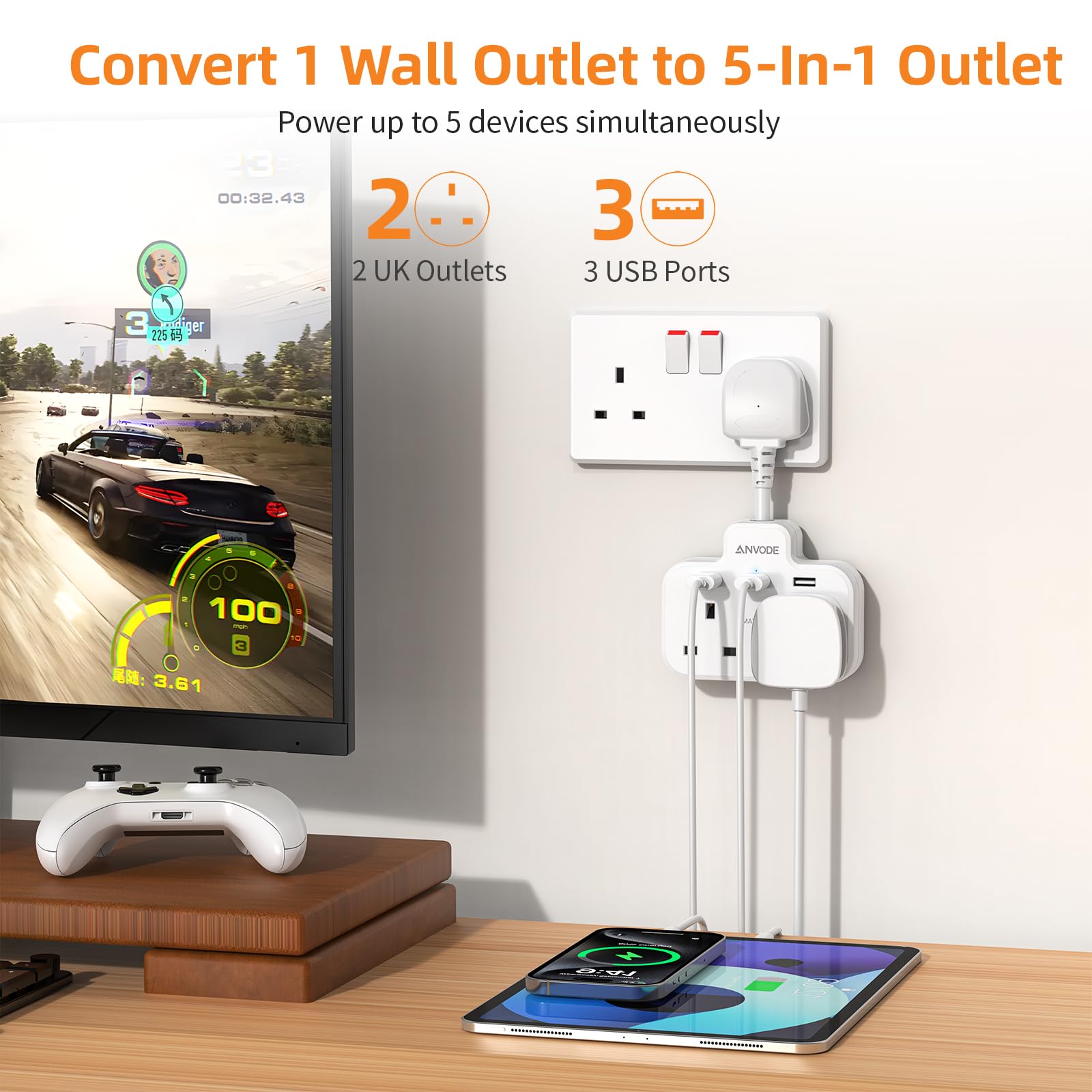Double Plug Adaptor with USB, 2 Way Wall Adapter with Short Extension Lead, Multi Plug Socket Extender For Home Office (White) - Image 2
