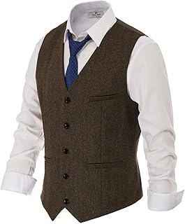 PJ PAUL JONES Men's Herringbone Tweed Suit Vest Casual Wool Blend Waistcoat