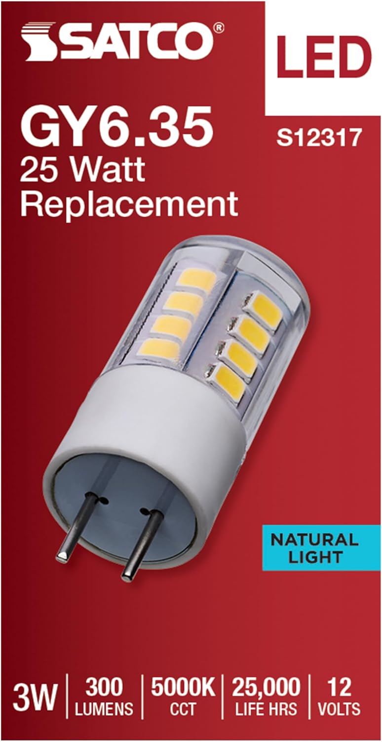 Satco S12317 T5 LED Bi-Pin GY6.35 Base Lamp, 12V Low Voltage Halogen Replacement, 5000K, Clear