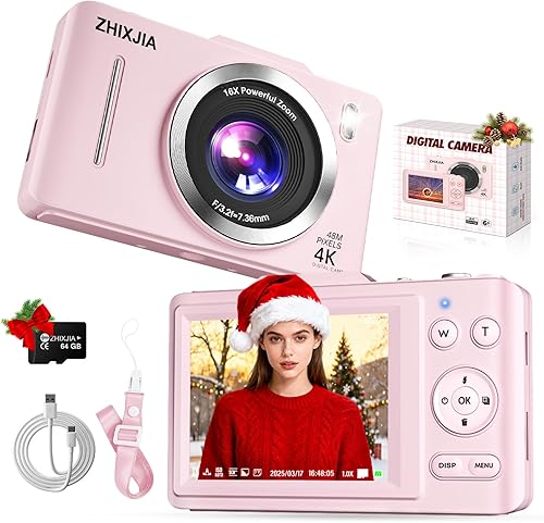 Cámara digital, cámara 4K de enfoque automático para vlogging para fotografía con tarjeta de 64 GB, cámara Full HD 4K de punto y disparo, cámara