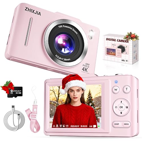 Digital Camera, Autofocus 4K Vlogging Camera for Photography with 64GB Card, Full HD 4K Point and Shoot Camera Portable Compact and Shoot Digital Camera for 16X Zoom, Anti-Shake, for Beginners, Pink