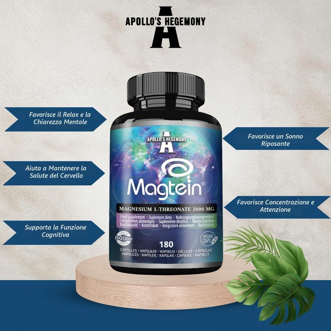 Magtein® Magnesio L-Treonato 144 mg per dose giornaliera - 180 capsule vegane - fornitura per 60 giorni - per il supporto delle funzioni cognitive - da Apollo's Hegemony