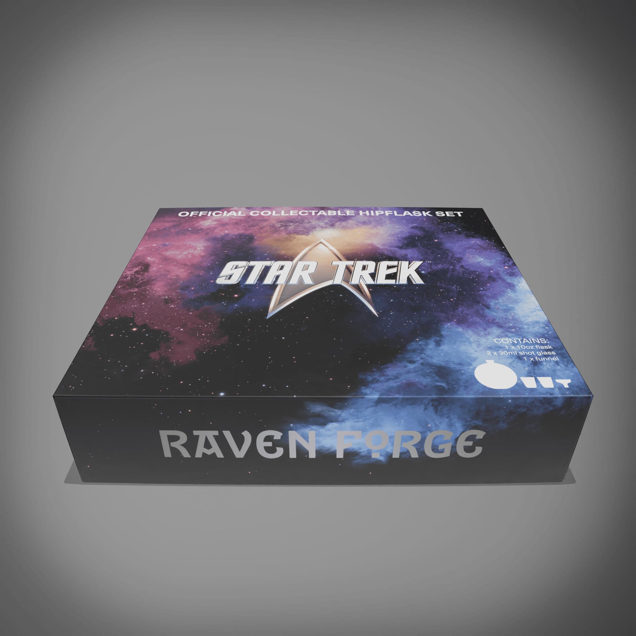 Star Trek Enterprise Flachmann – Offiziell lizenziertes Star Trek Merchandise Star Trek Edelstahl-Flachmann Geschenkset mit 2 x 30 ml Edelstahl-Schnapsgläsern und 1 x Einfülltrichter