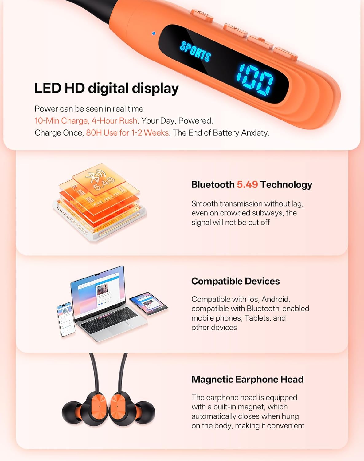 JL&MI Neckband Bluetooth Headphones, Wireless Sport Earphones with 80-Hour Battery and LED Display, Bluetooth 5.4 Magnetic Earbuds, Comfort Fit for Running, Gym, Travel (Orange) - Image 5