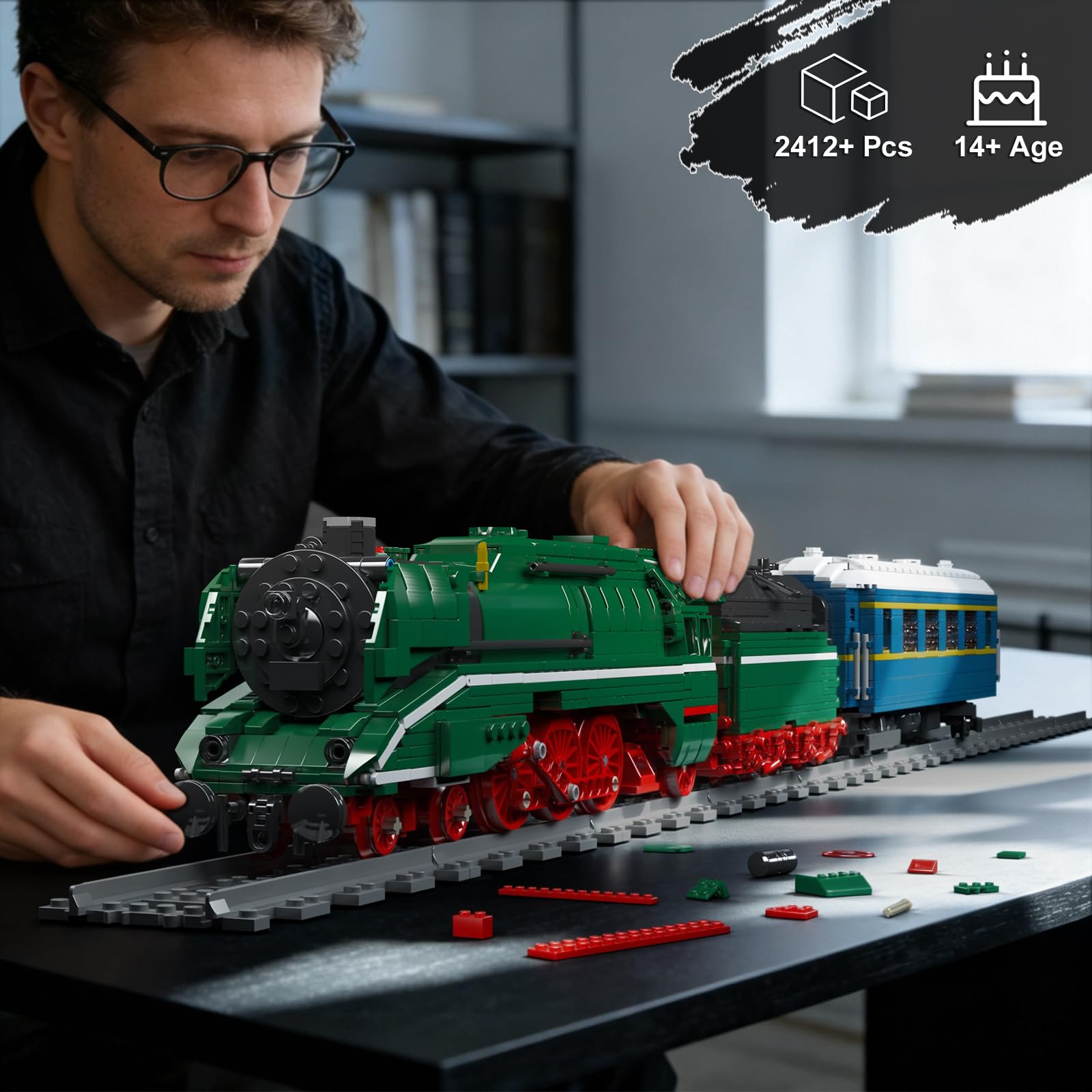 Mould King 12007 Technik Zug Bausteine Modell, 2412 Teile Ferngesteuertes Zug Blockmodell mit Fernbedienung und App Dual Control, Train Eisenbahn Kit als Spielzeug und Geschenk (14 Jahre und älter)