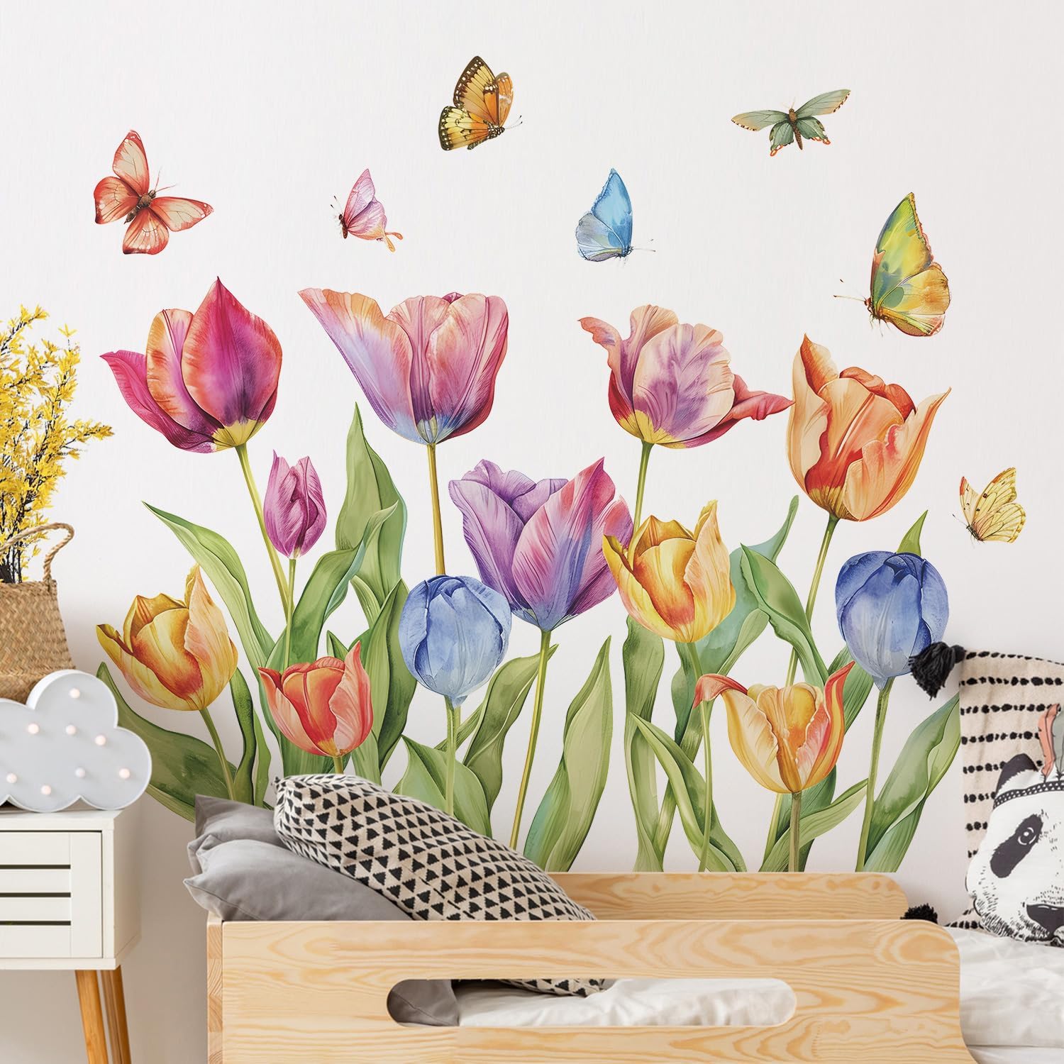 2 Sheets Removable Colorful Flowers Wall Decal Large Tulip Flowers Wall Decals DIY Vinyl Self Adhesive Watercolor Butterfly Wall Mural for Girls Bedroom Living Room TV Wall Art Decor
